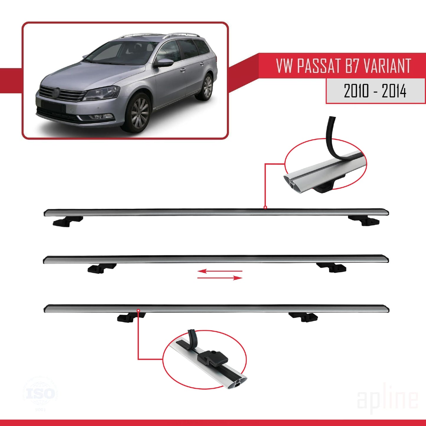 Compatible avec Volkswagen Passat B7 (3C) Variant 2010-2014 BASIC Model Barres de Toit Railing Porte-Bagages de Voiture Gris Aluminium 3 Barres
