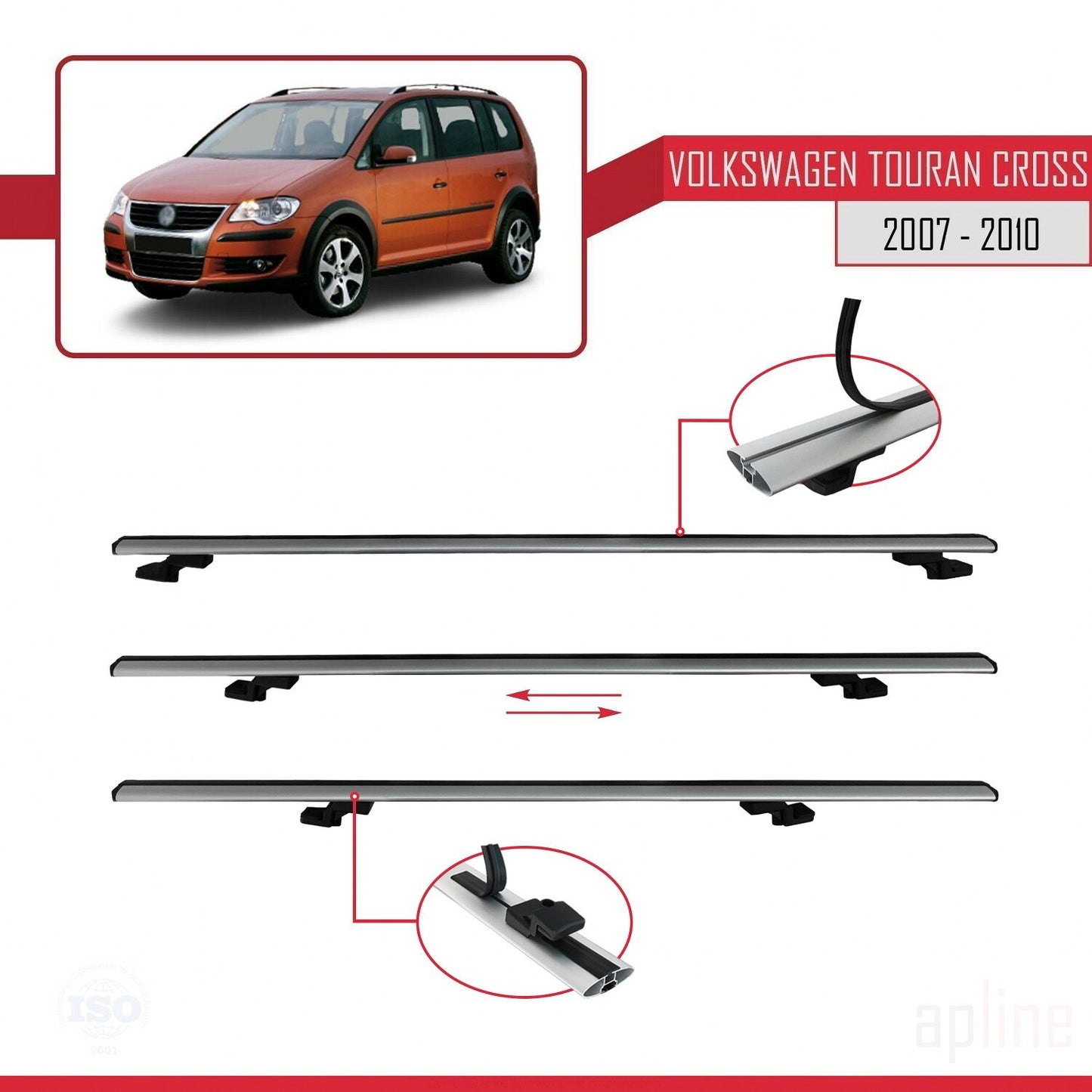 Compatible with Volkswagen Touran Cross Pre-Facelift 2007-2010 BASIC Model Car Roof Rack Cross Bar Grey Aluminium 3 Bars