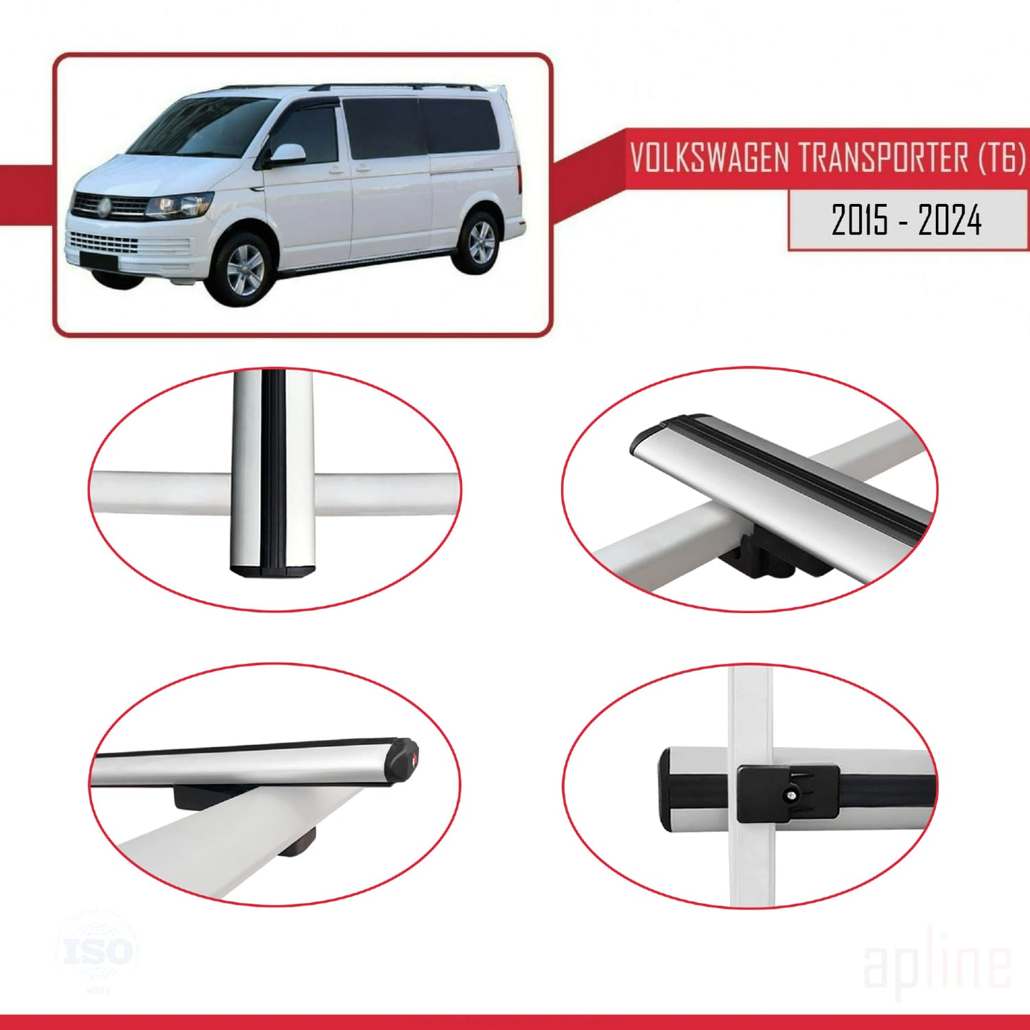 Compatible avec Volkswagen T6 Transporter 2015-2024 BASIC Model Barres de Toit Railing Porte-Bagages de Voiture Gris Aluminium 2 Barres