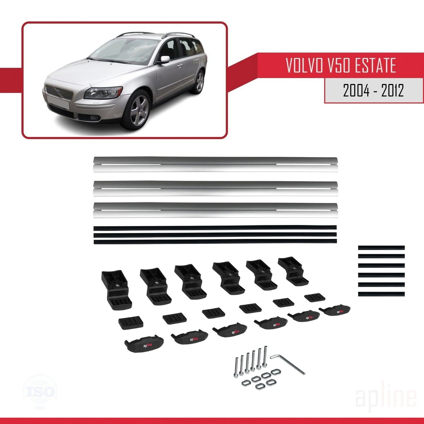 Kompatibel mit Volvo V50 2004-2012 BASIC Model Relingträger Dachträger Auto Gepäckträger Grau Aluminium 3 Stangen