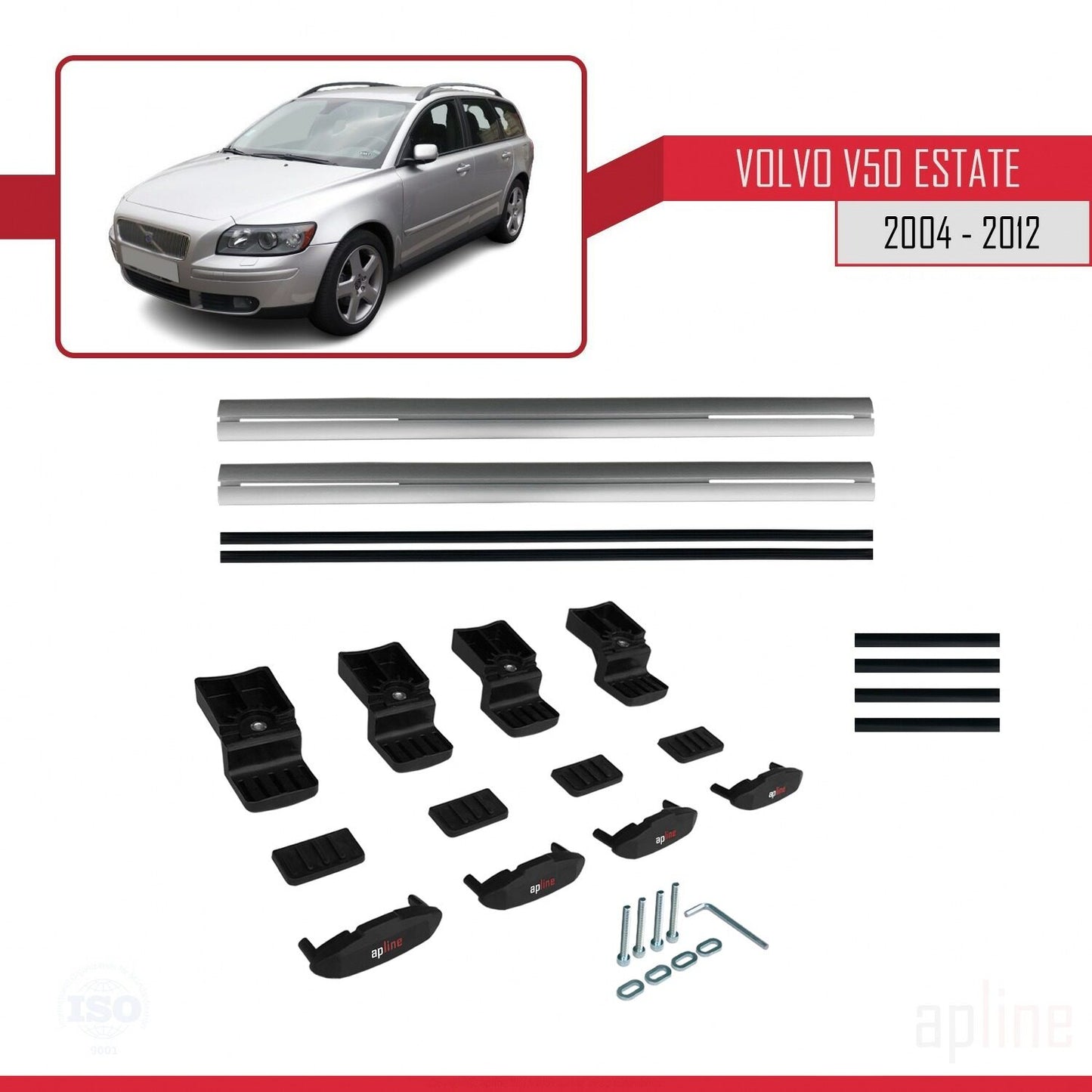 Compatible with Volvo V50 2004-2012 BASIC Model Car Roof Rack Cross Bar Grey Aluminium 3 Bars