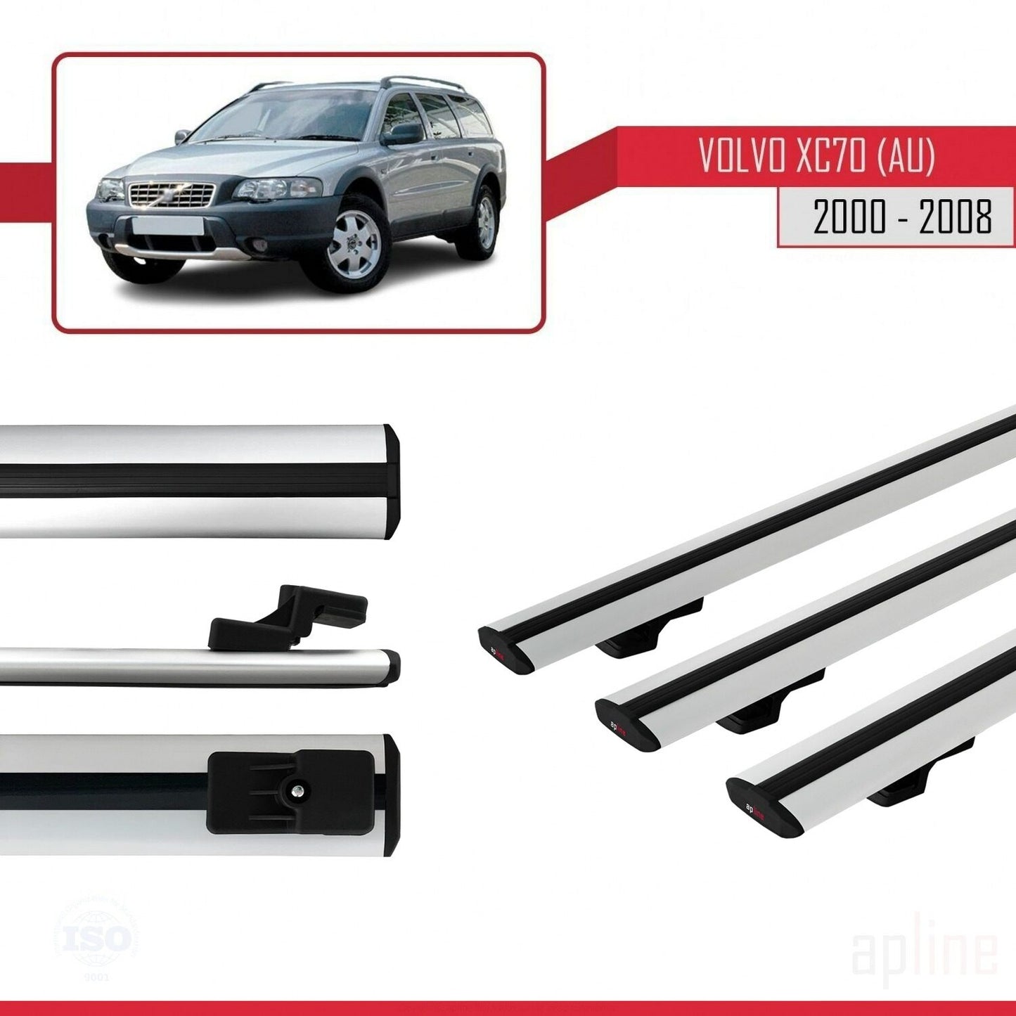 Compatible with Volvo XC70 (P2) 2000-2007 BASIC Model Car Roof Rack Cross Bar Grey Aluminium 3 Bars