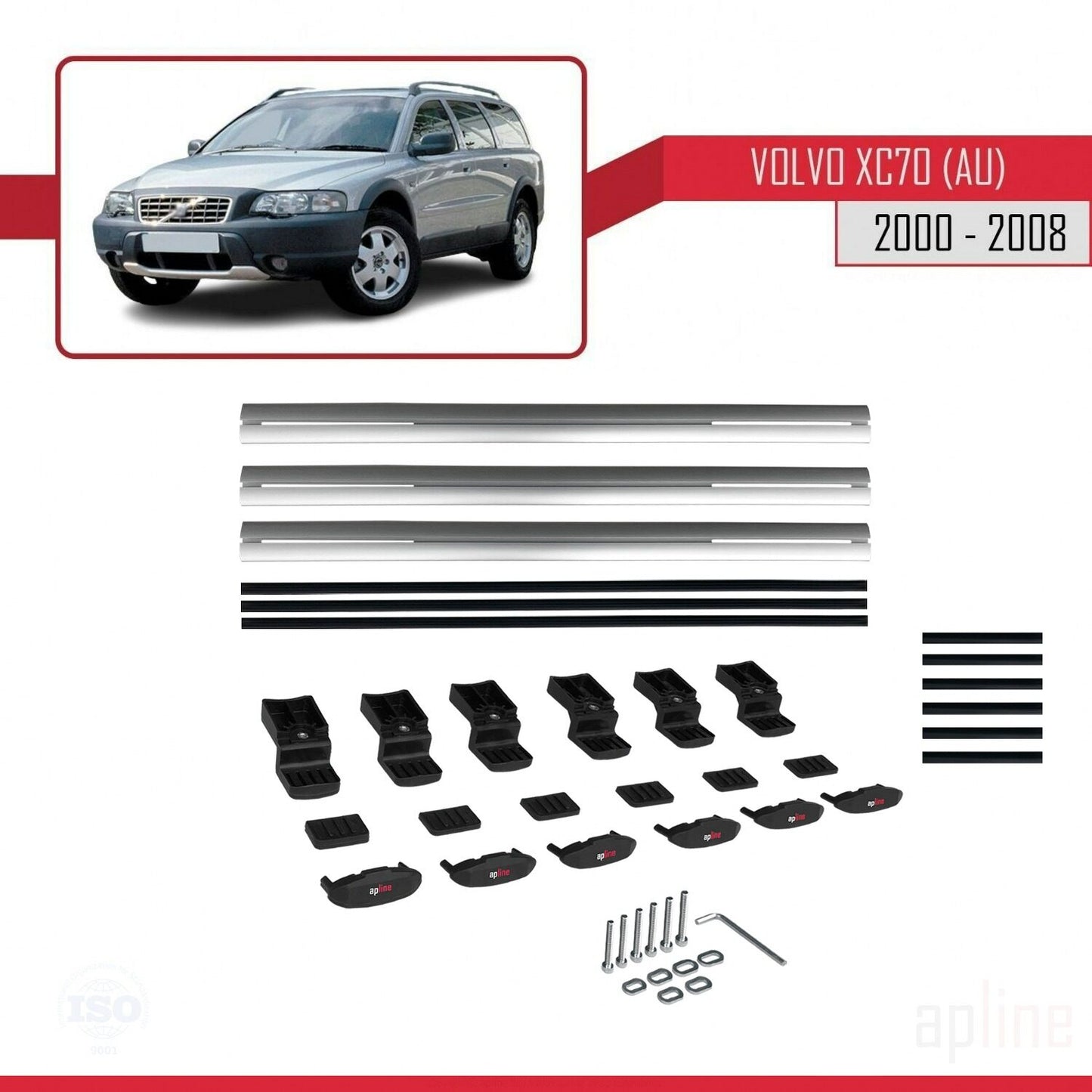 Compatible with Volvo XC70 (P2) 2000-2007 BASIC Model Car Roof Rack Cross Bar Grey Aluminium 3 Bars