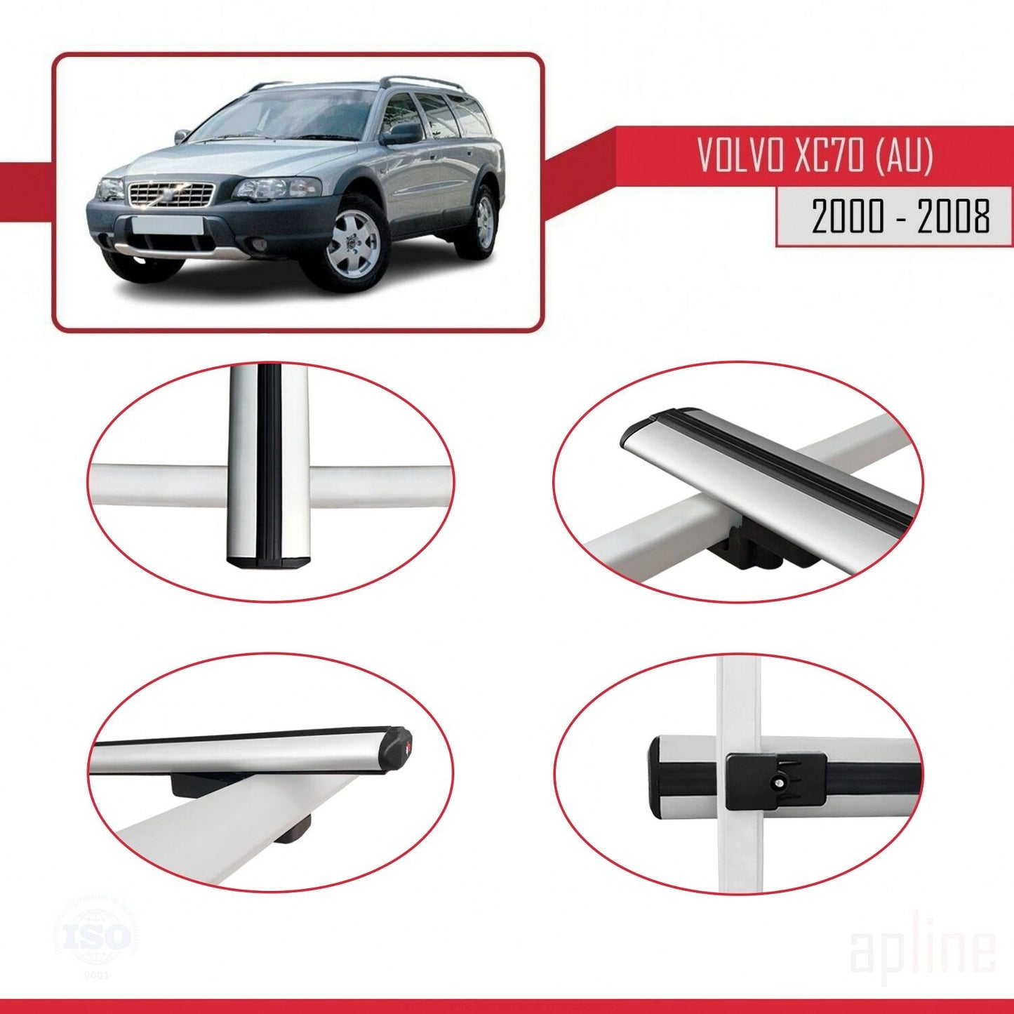 Compatible with Volvo XC70 (P2) 2000-2007 BASIC Model Car Roof Rack Cross Bar Grey Aluminium 3 Bars