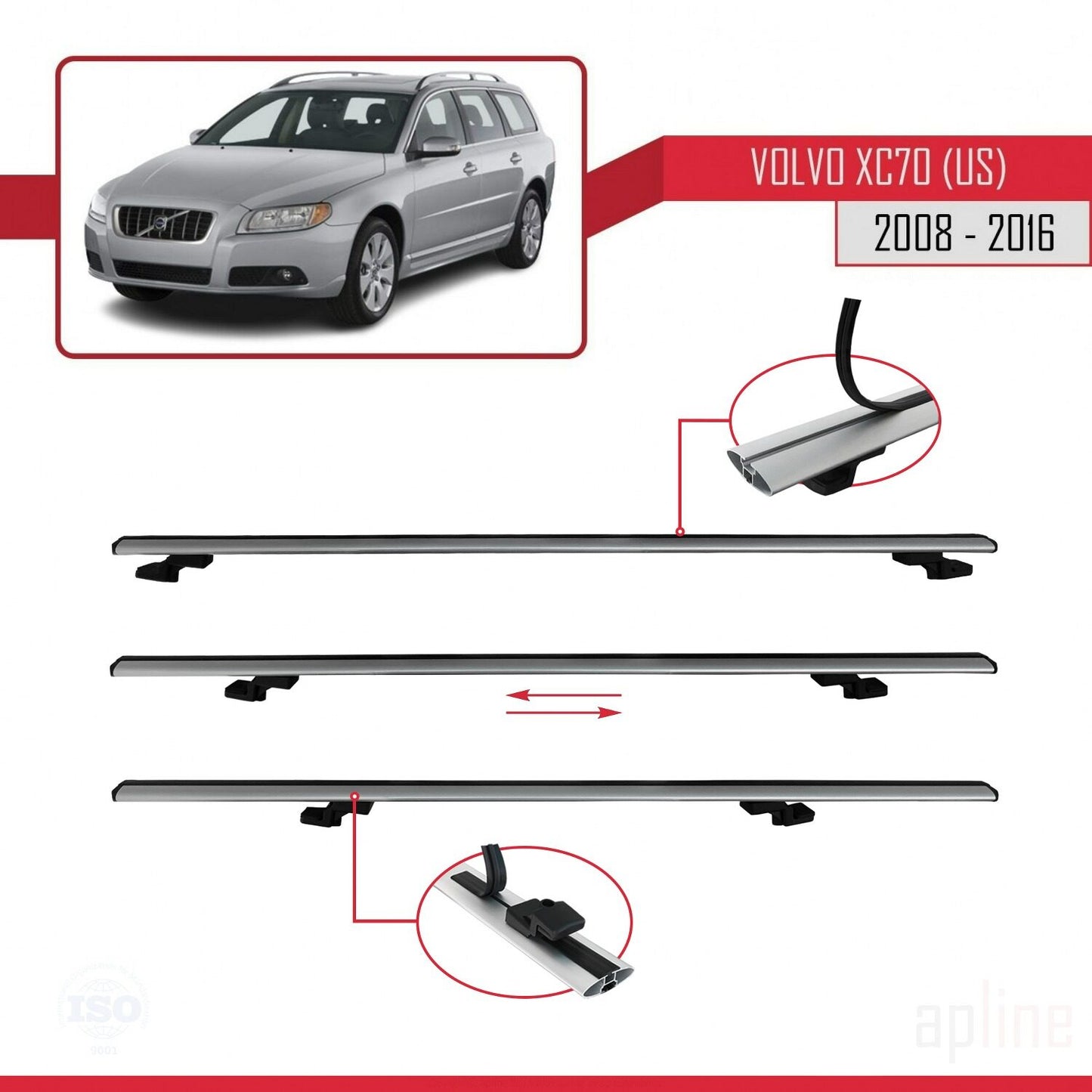 Compatible avec Volvo XC70 II (P24) 2008-2016 BASIC Model Barres de Toit Railing Porte-Bagages de Voiture Gris Aluminium 2 Barres