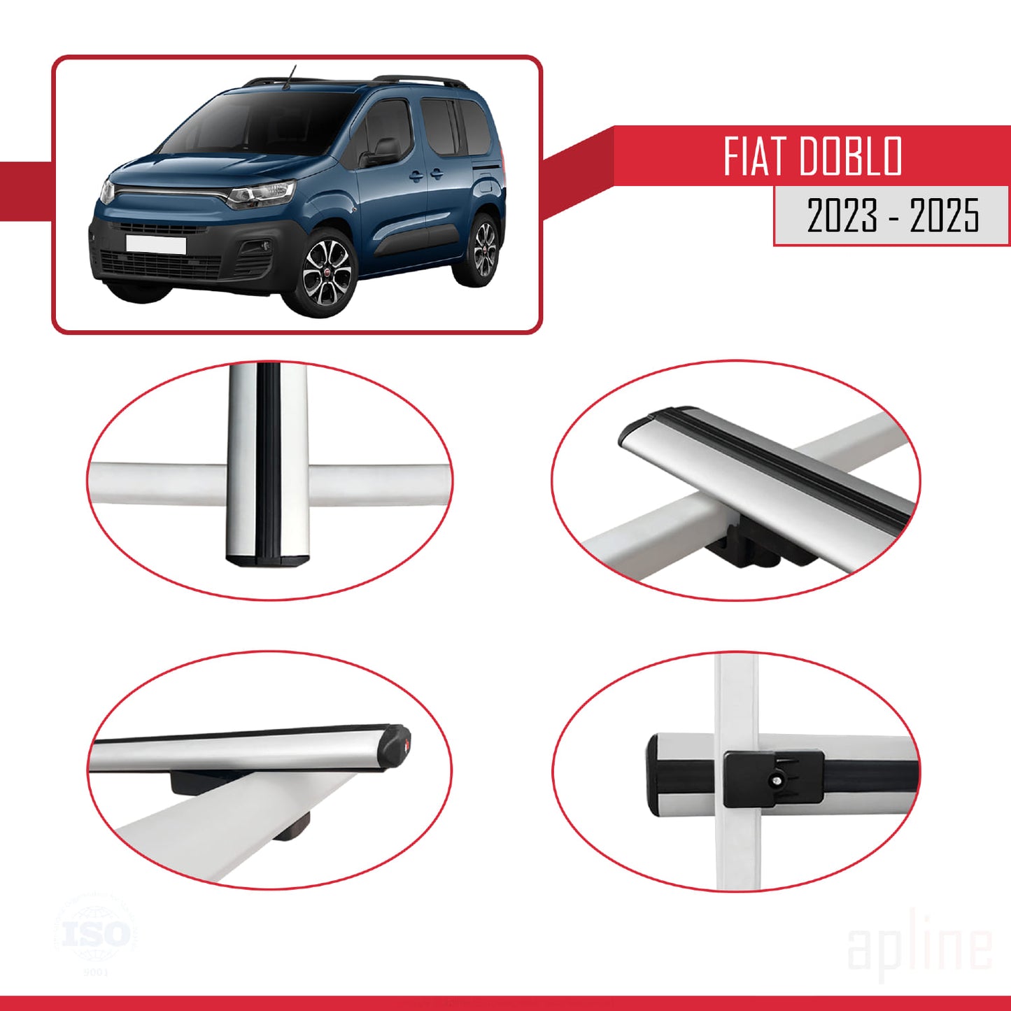 Kompatibel mit Fiat Doblo 3 2023-2025 Basismodell Dachgepäckträger, Reling, Gepäckträger, graues Aluminium, 2 Stangen