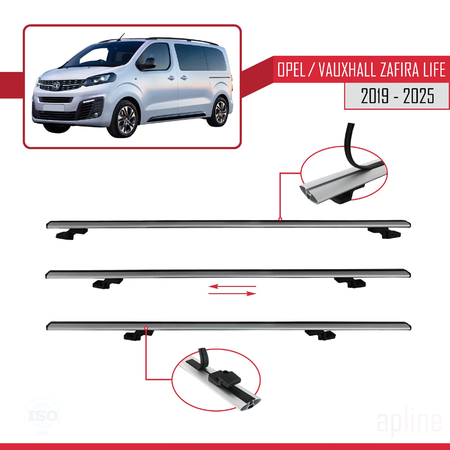 Compatible avec Opel Zafira Life 2019-2025 BASIC Model Barres de Toit Railing Porte-Bagages de Voiture Gris Aluminium 4 Barres