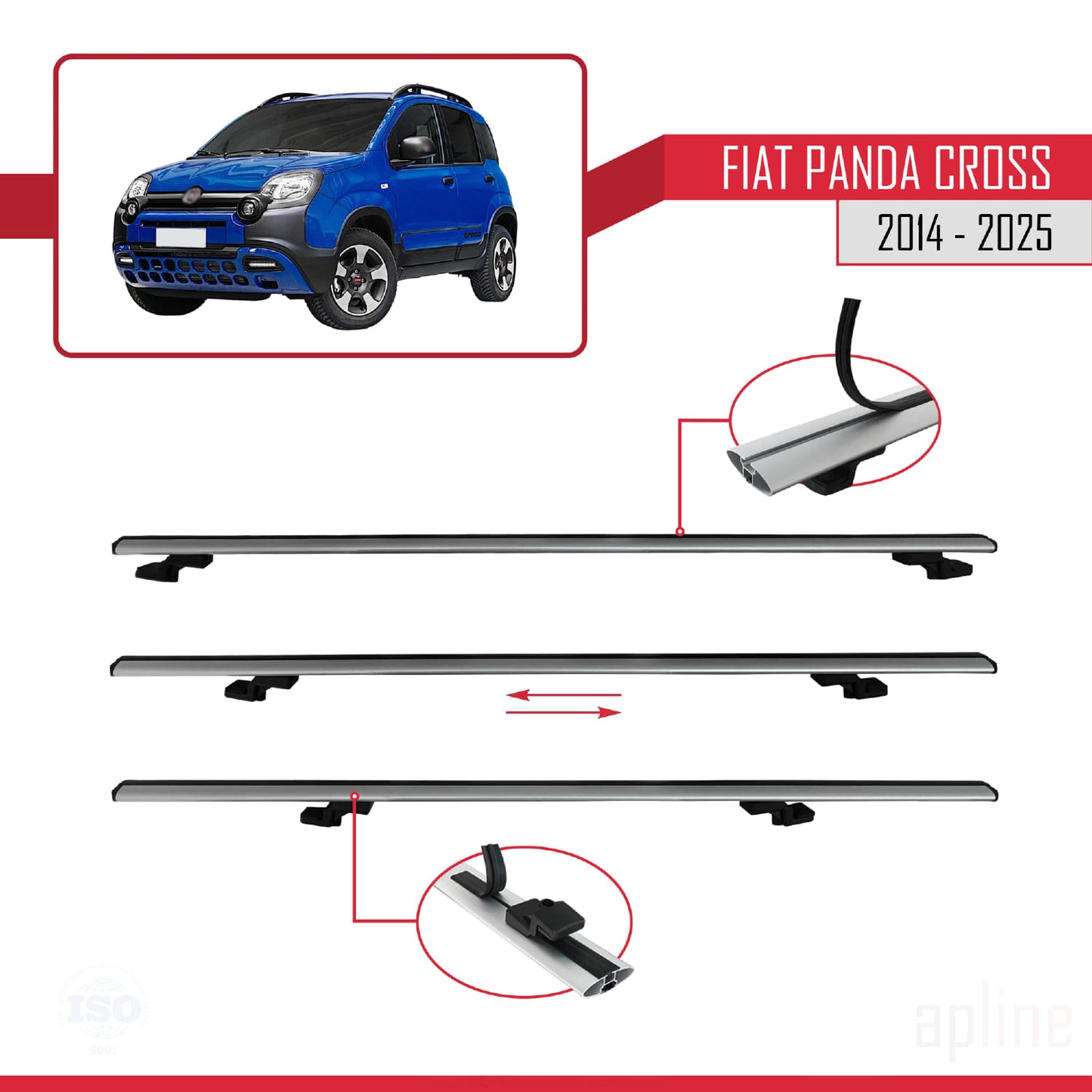 Kompatibel mit Fiat Panda Cross 2014-2025 Basismodell Dachgepäckträger, Reling, Gepäckträger, graues Aluminium, 3 Stangen
