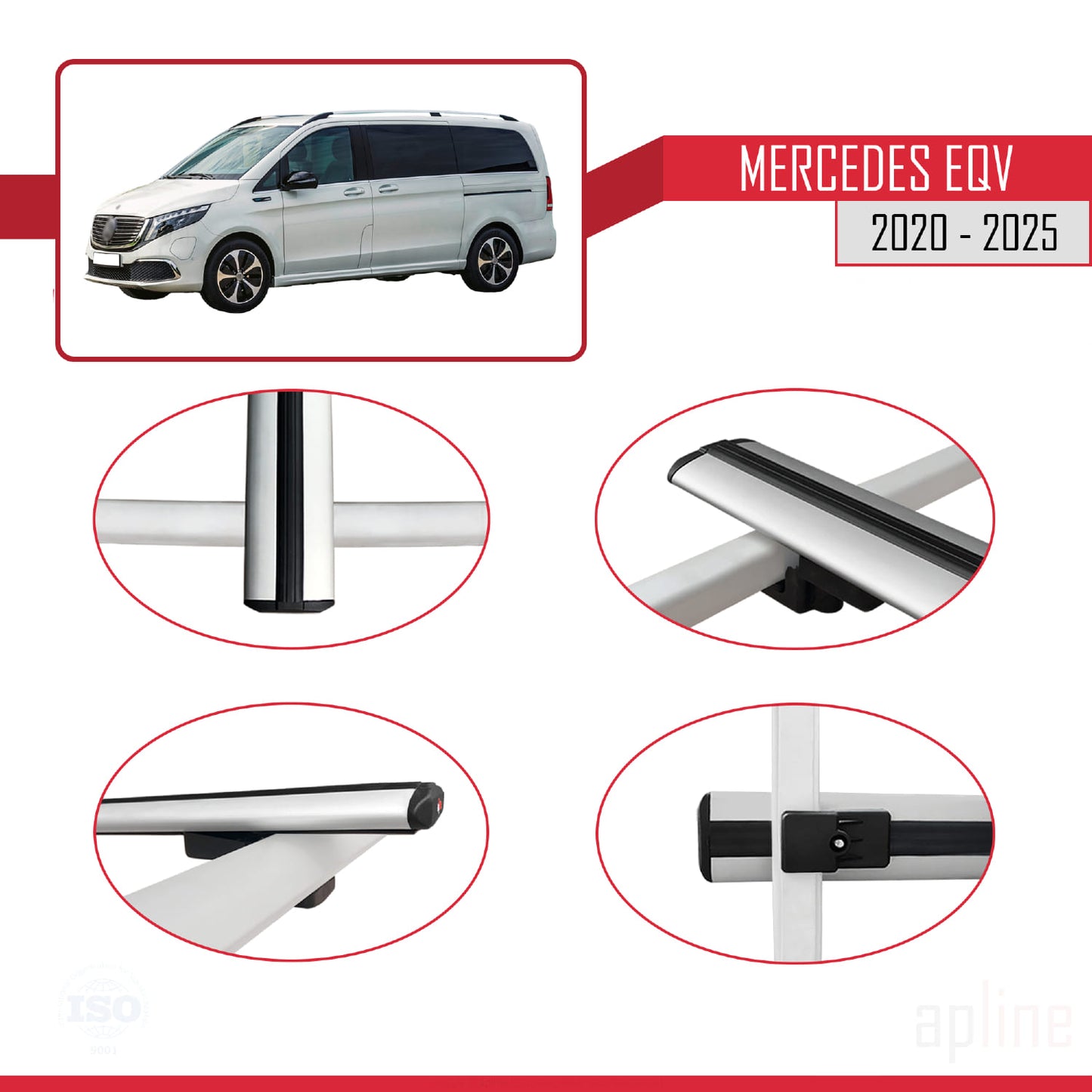 Compatible with Mercedes EQV (W447) 2020-2025 BASIC Model Car Roof Rack Cross Bar Grey Aluminium 2 Bars