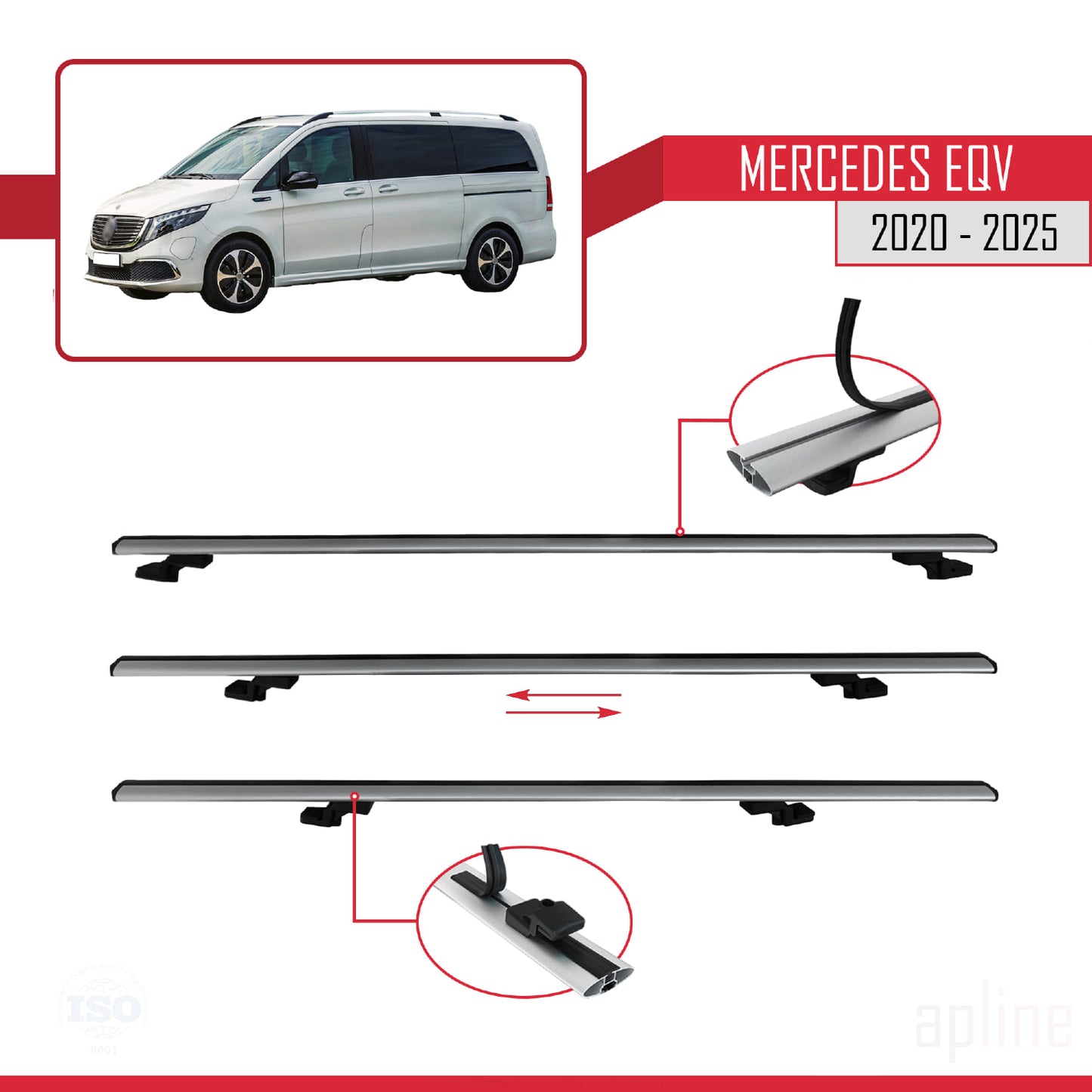 Compatible with Mercedes EQV (W447) 2020-2025 BASIC Model Car Roof Rack Cross Bar Grey Aluminium 2 Bars