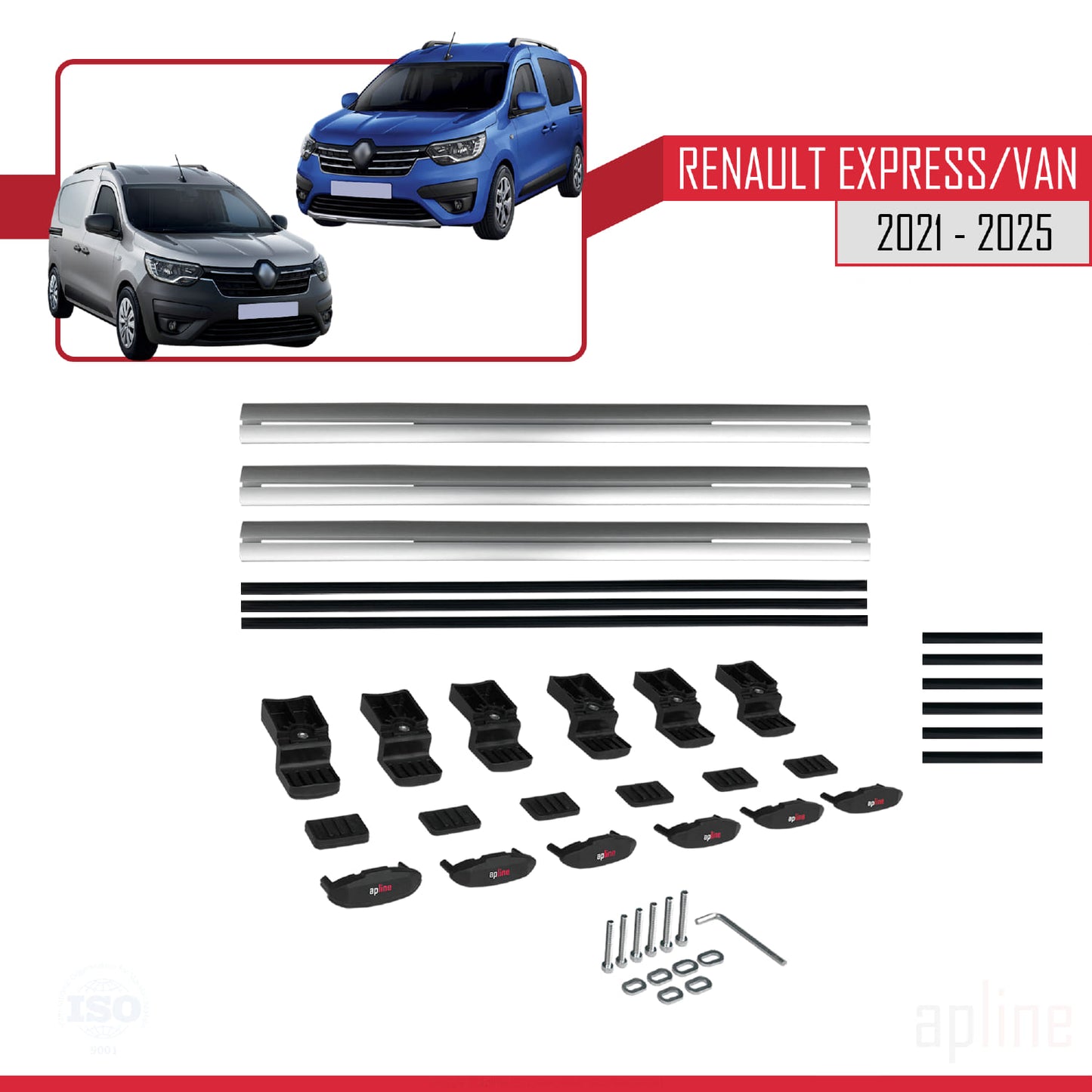 Compatible avec Renault Express 2021-2025 BASIC Model Barres de Toit Railing Porte-Bagages de Voiture Gris Aluminium 3 Barres