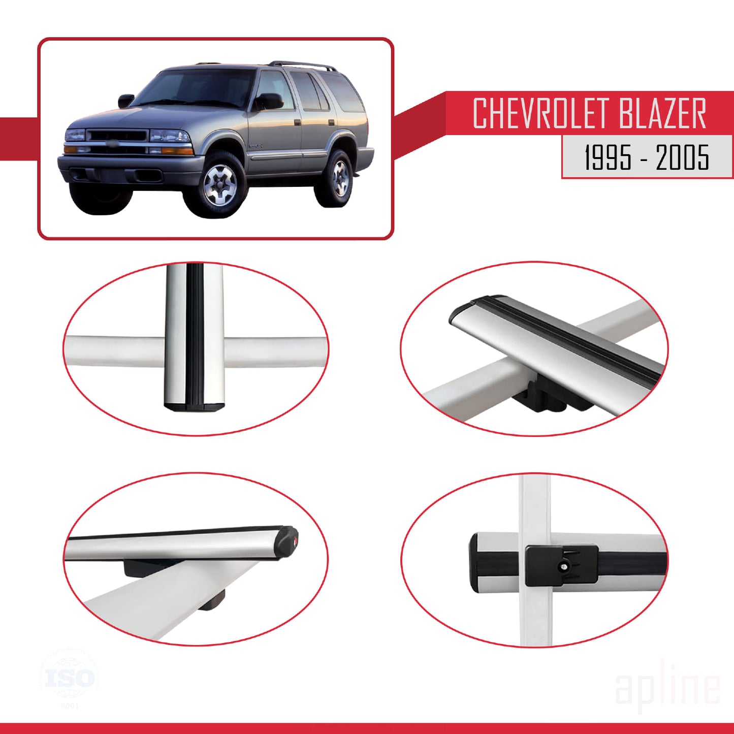 Kompatibel mit Chevrolet Blazer 1995-2005 BASIC Modell Dachreling Gepäckträger Graues Aluminium 3 Stangen