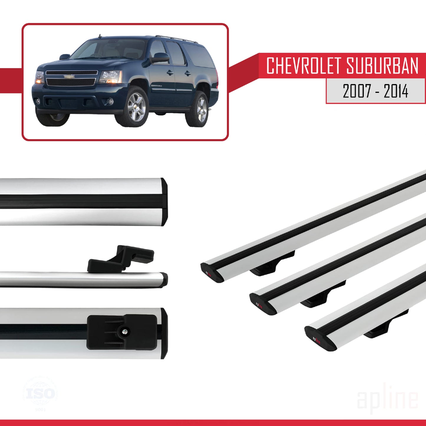 Kompatibel mit Chevrolet Suburban 2007-2014 BASIC Modell Dachreling Gepäckträger Graues Aluminium 3 Stangen