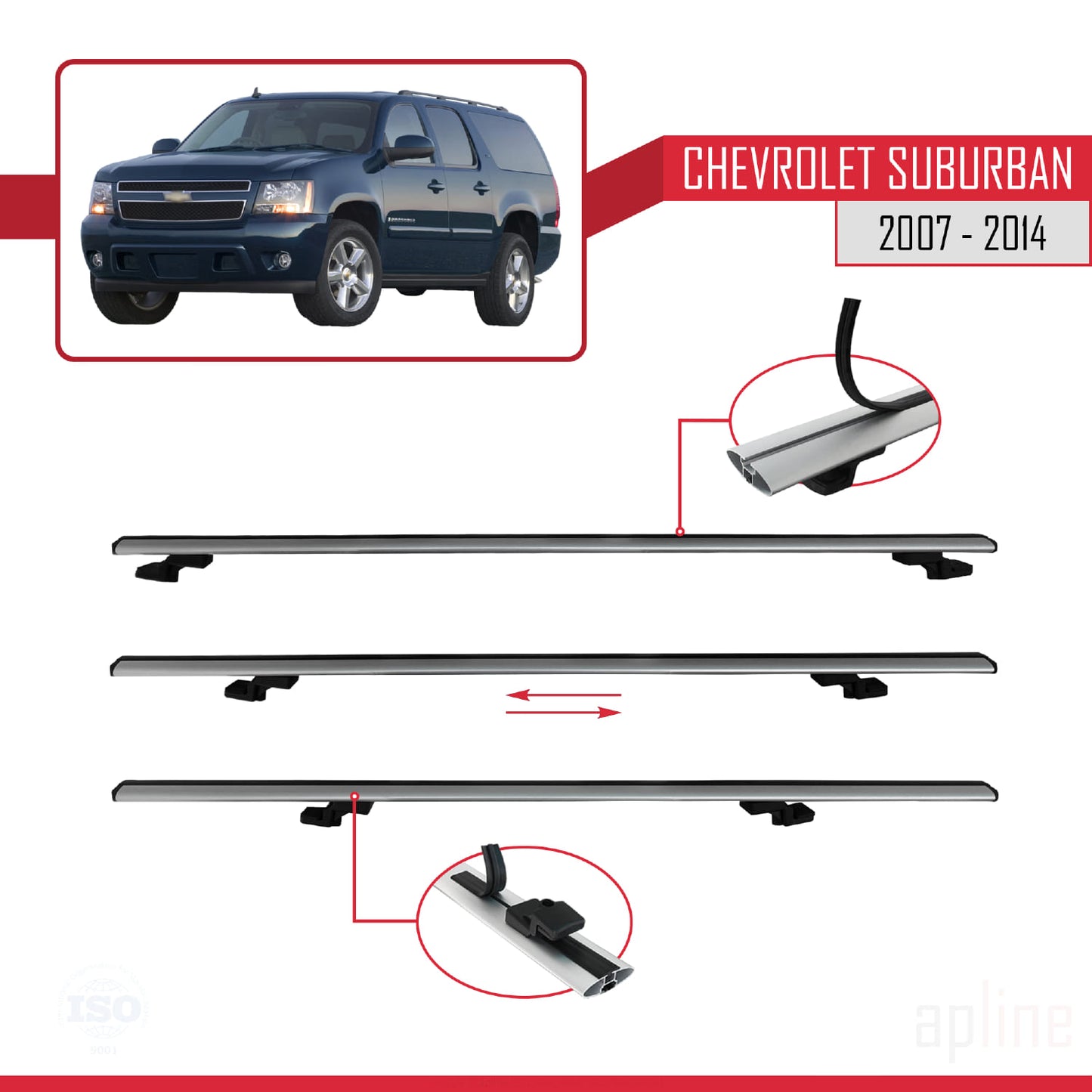 Kompatibel mit Chevrolet Suburban 2007-2014 BASIC Modell Dachreling Gepäckträger Graues Aluminium 4 Stangen