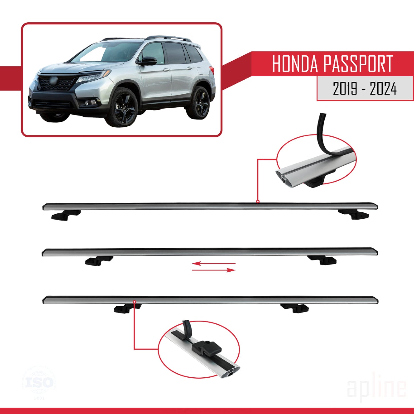Compatible avec Honda Passport 2019-2024 BASIC Model Barres de Toit Railing Porte-Bagages de Voiture Gris Aluminium 3 Barres