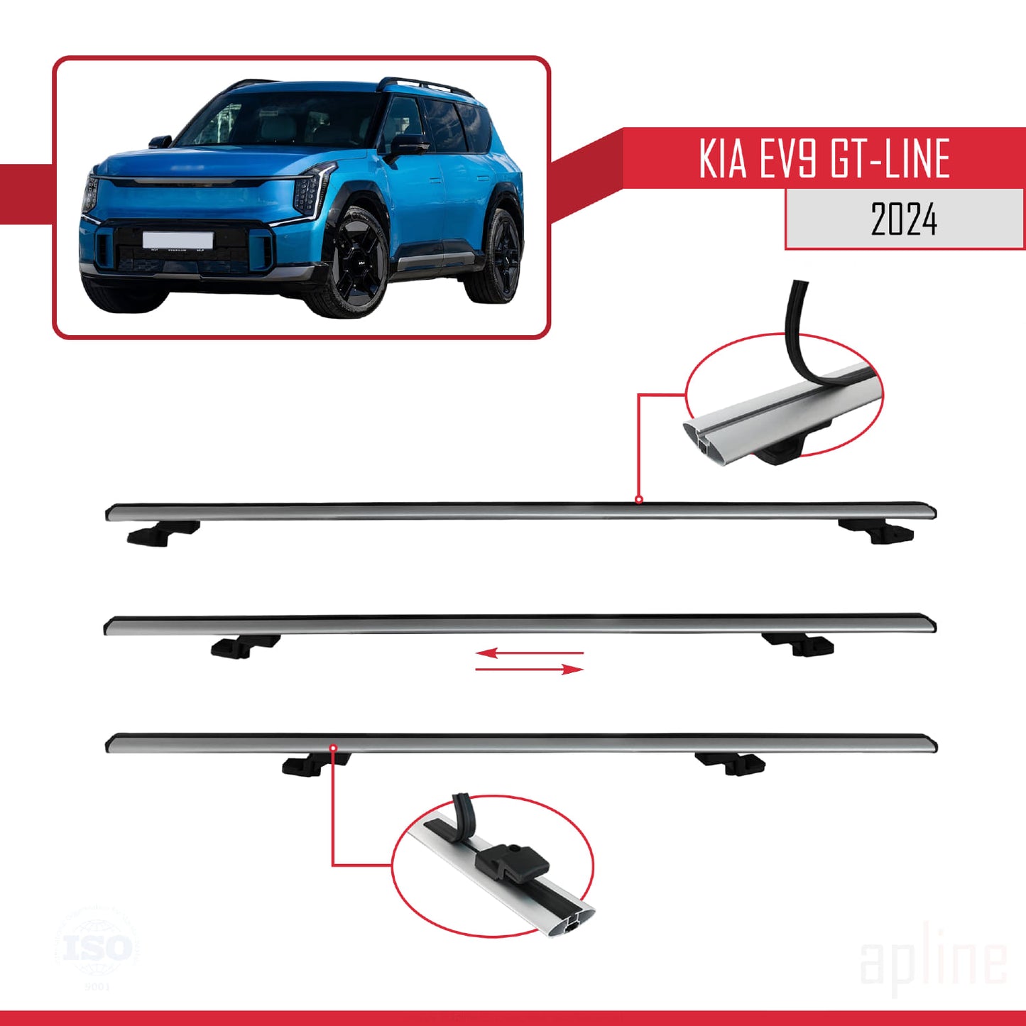 Compatible avec KIA EV9 GT-LINE 2024-2025 BASIC Model Barres de Toit Railing Porte-Bagages de Voiture Gris Aluminium 3 Barres