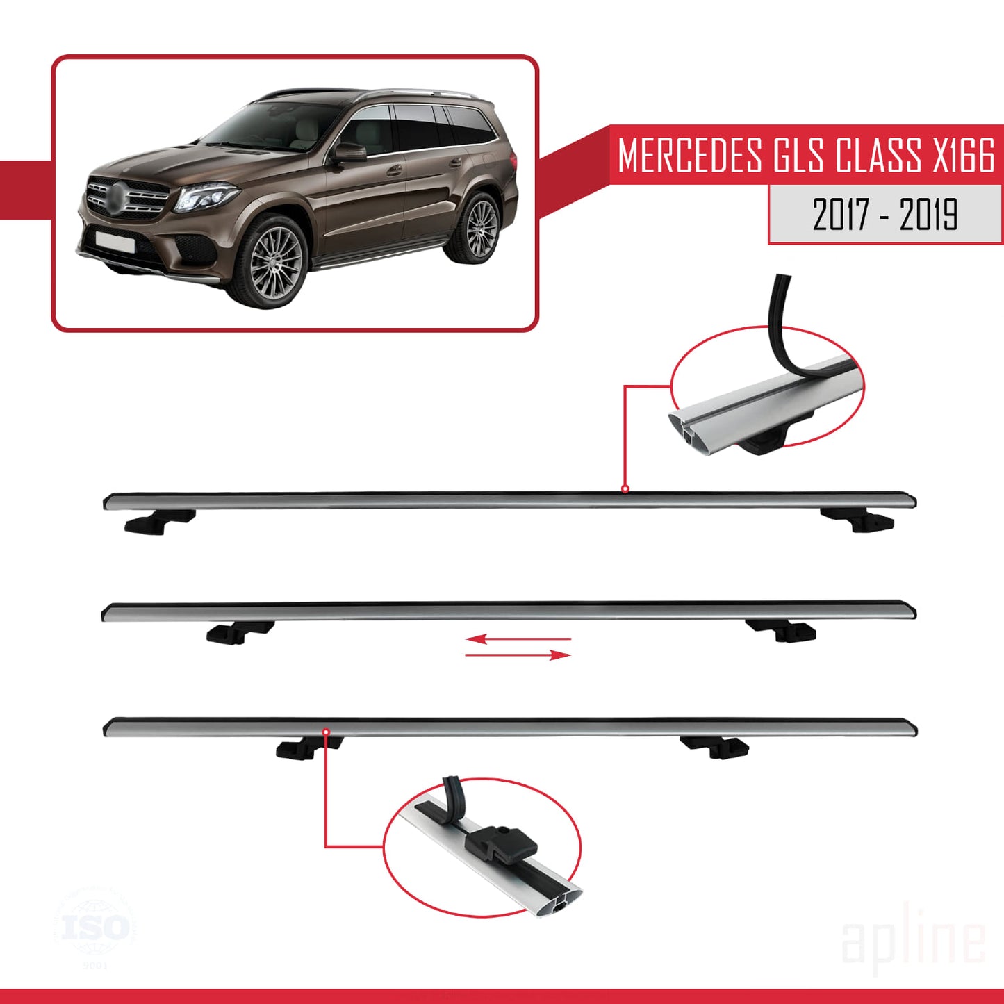 Compatible avec Mercedes GLS Class X166 2017-2019 BASIC Model Barres de Toit Railing Porte-Bagages de Voiture Gris Aluminium 2 Barres