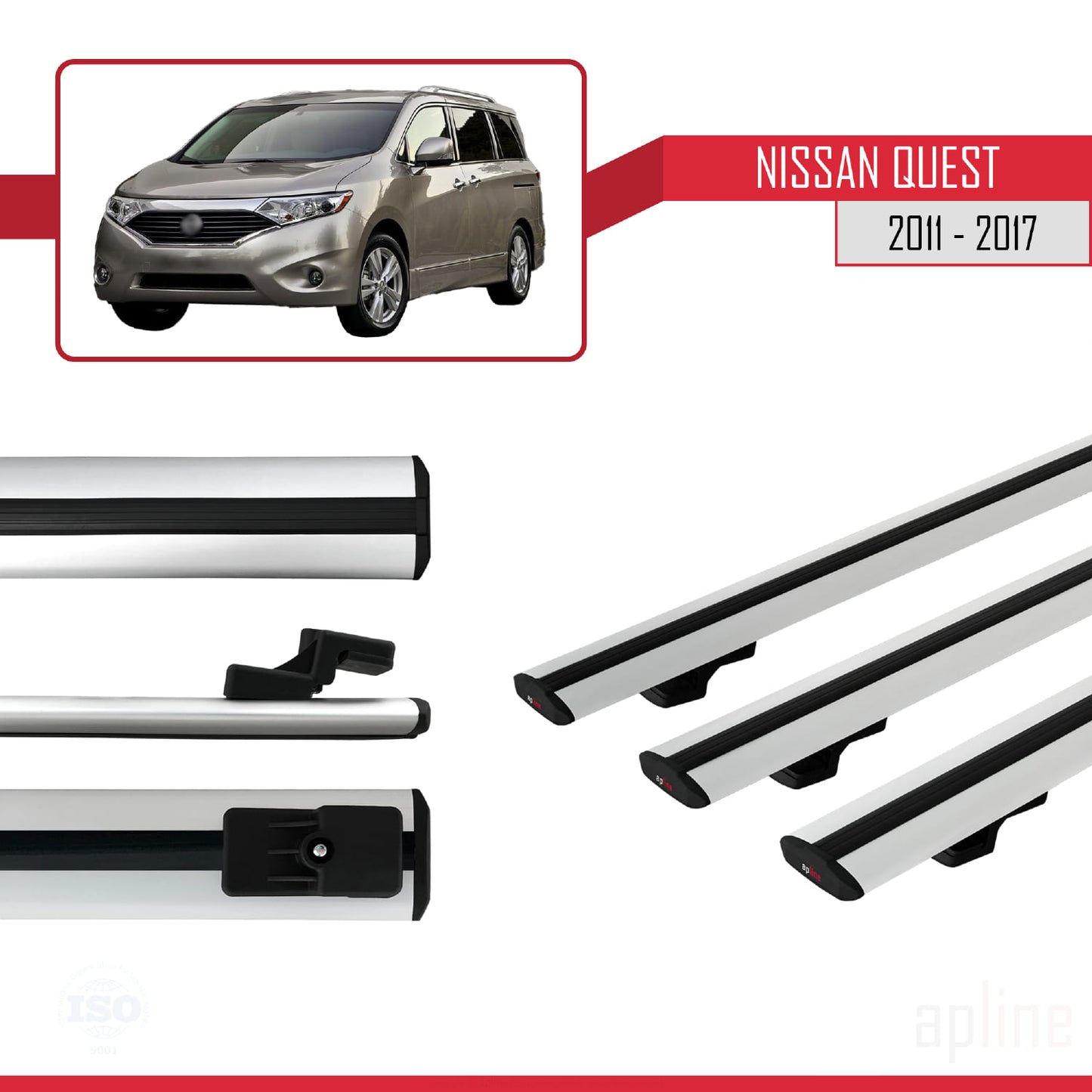 Compatible avec Nissan Quest 2011-2017 BASIC Model Barres de Toit Railing Porte-Bagages de Voiture Gris Aluminium 3 Barres