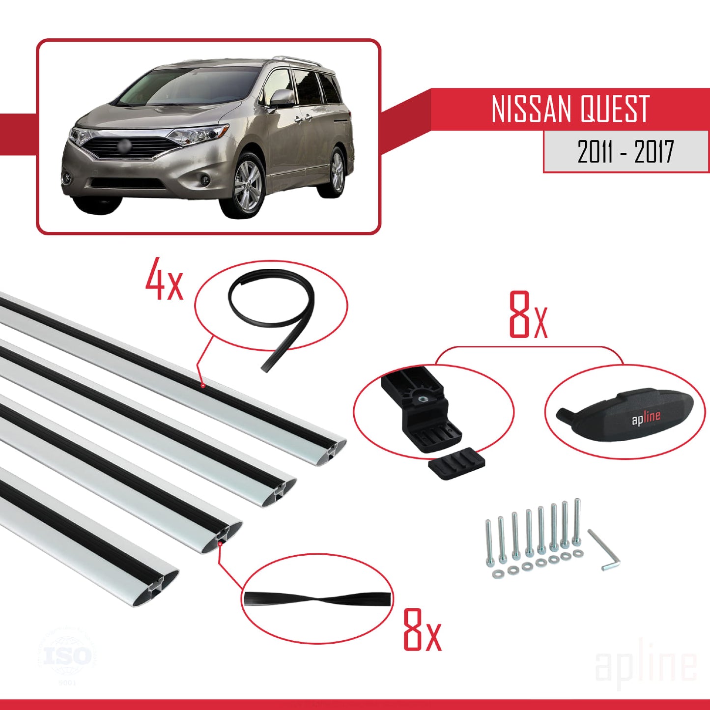 Compatible avec Nissan Quest 2011-2017 BASIC Model Barres de Toit Railing Porte-Bagages de Voiture Gris Aluminium 4 Barres