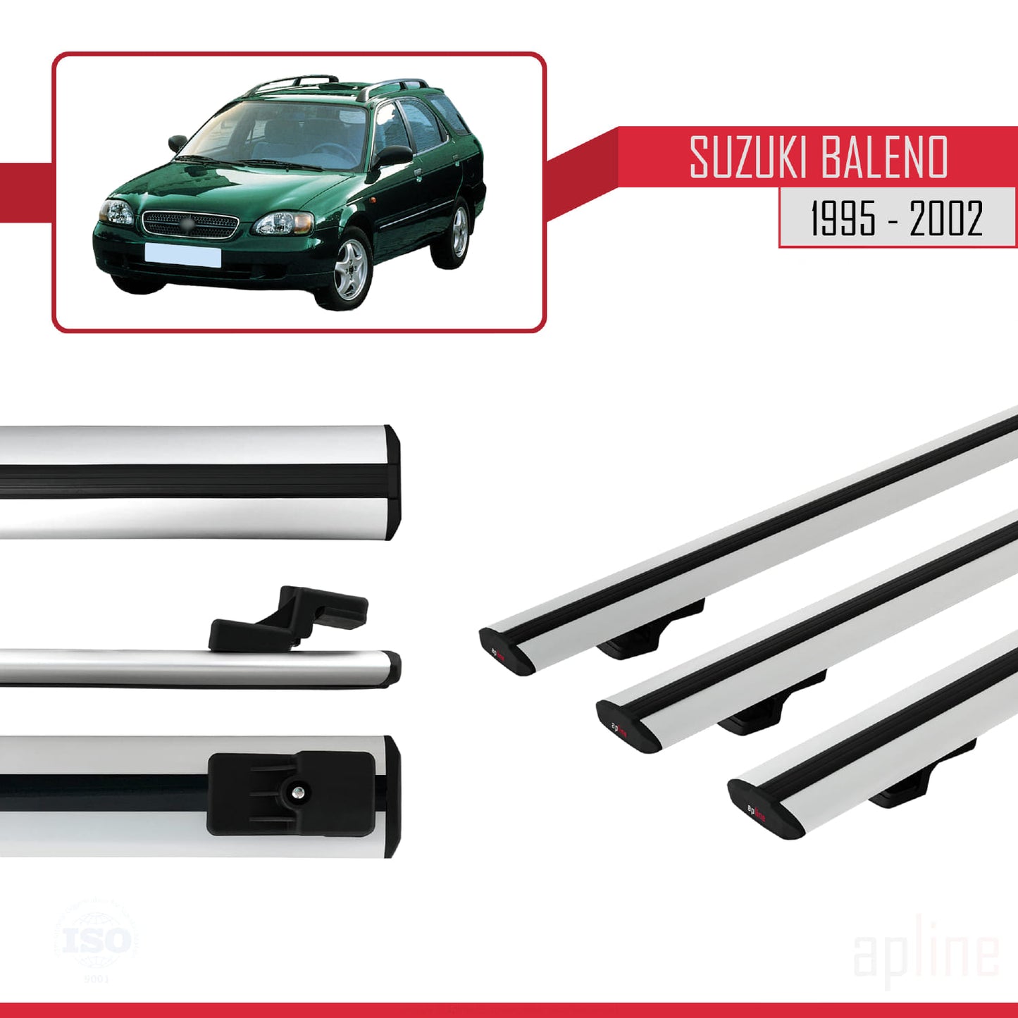 Compatible avec Suzuki Baleno 1995-2002 BASIC Model Barres de Toit Railing Porte-Bagages de Voiture Gris Aluminium 3 Barres