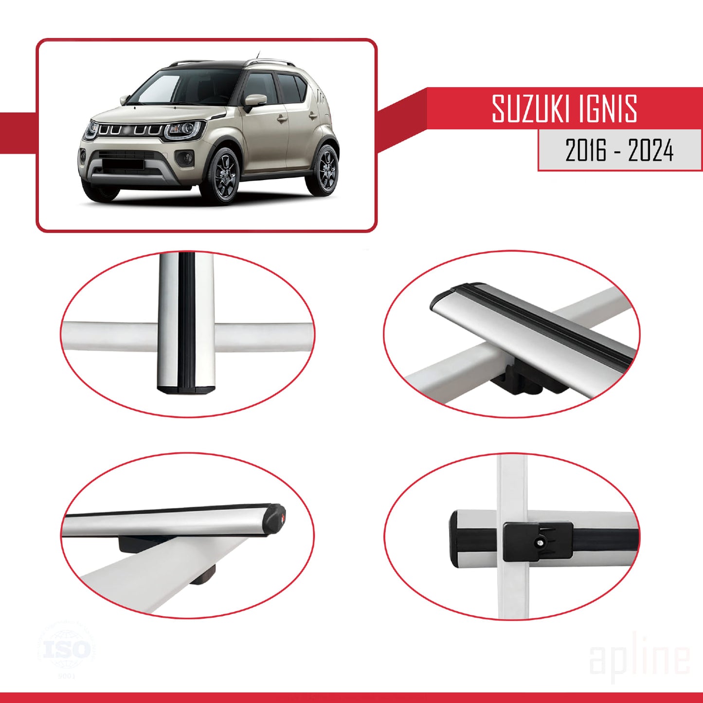 Compatible avec Suzuki Ignis 2016-2024 BASIC Model Barres de Toit Railing Porte-Bagages de Voiture Gris Aluminium 3 Barres
