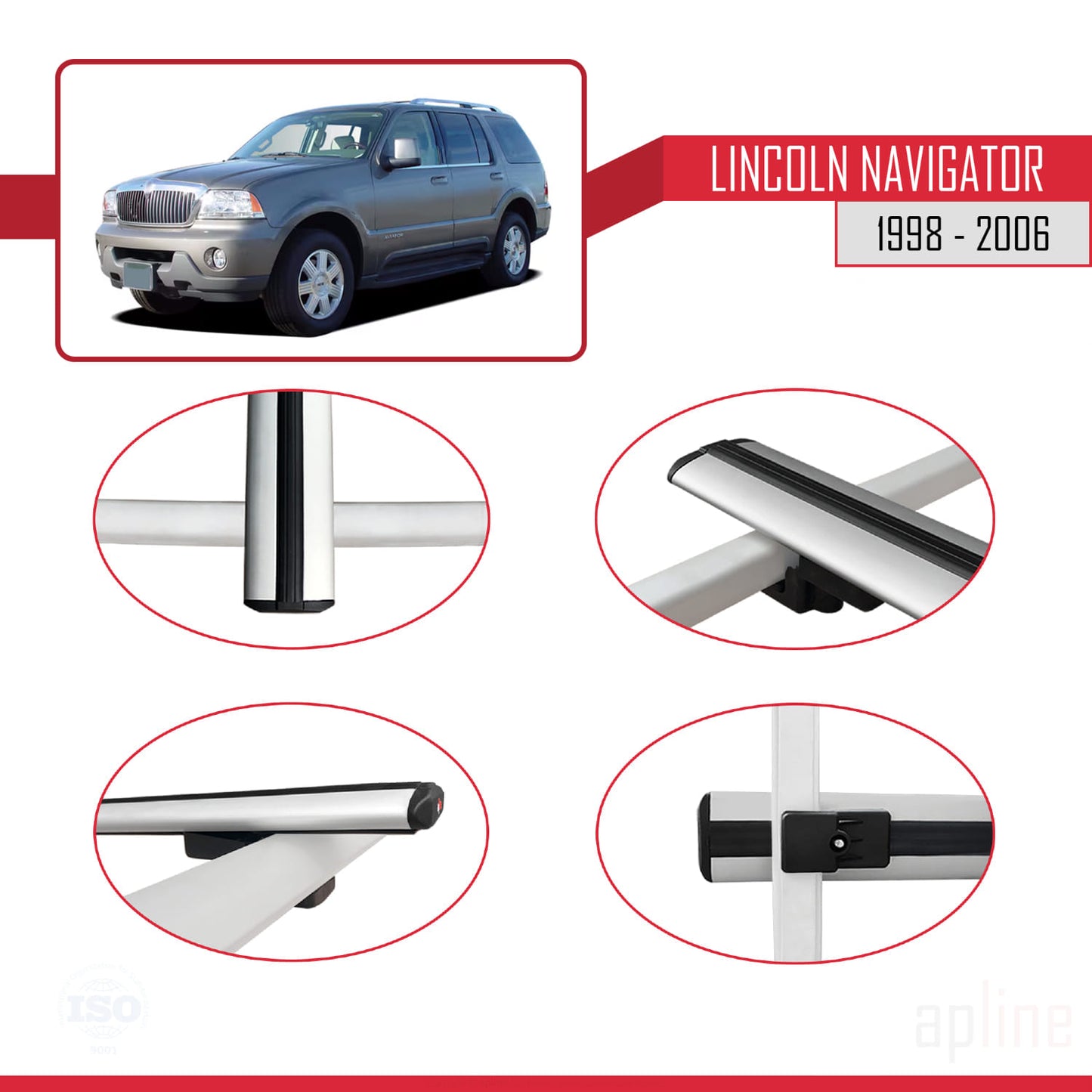 Compatible avec Lincoln Navigator 1998-2006 BASIC Model Barres de Toit Railing Porte-Bagages de Voiture Gris Aluminium 3 Barres