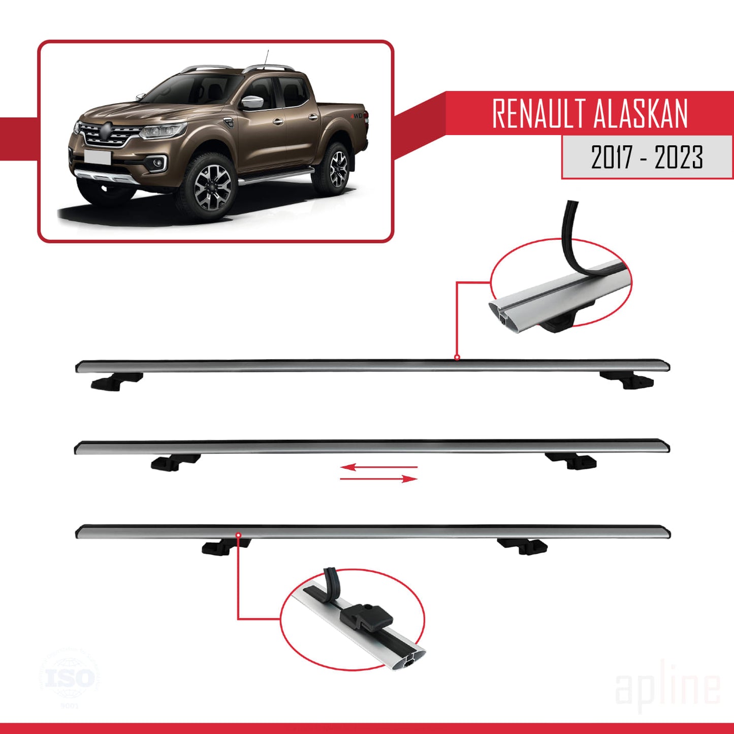 Compatible avec Renault Alaskan 2017-2023 BASIC Model Barres de Toit Railing Porte-Bagages de Voiture Gris Aluminium 2 Barres