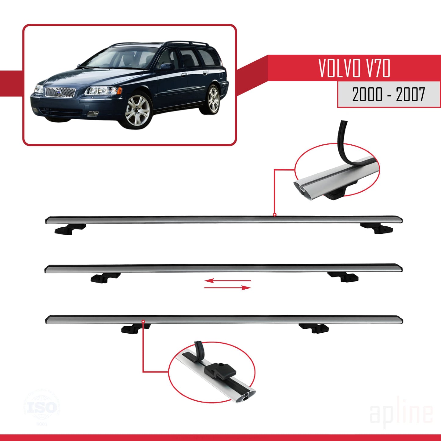 Compatible with Volvo V70 2000-2007 BASIC Model Car Roof Rack Cross Bar Grey Aluminium 3 Bars