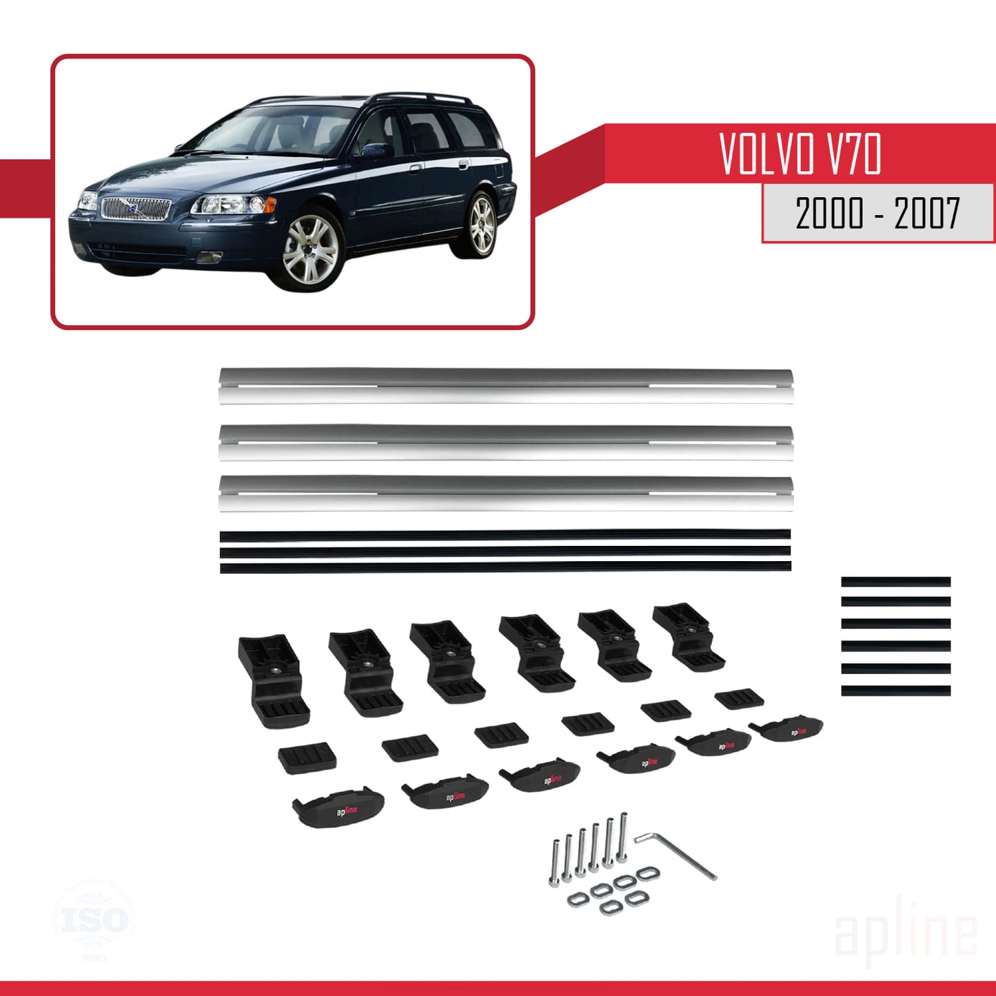 Compatible with Volvo V70 2000-2007 BASIC Model Car Roof Rack Cross Bar Grey Aluminium 3 Bars