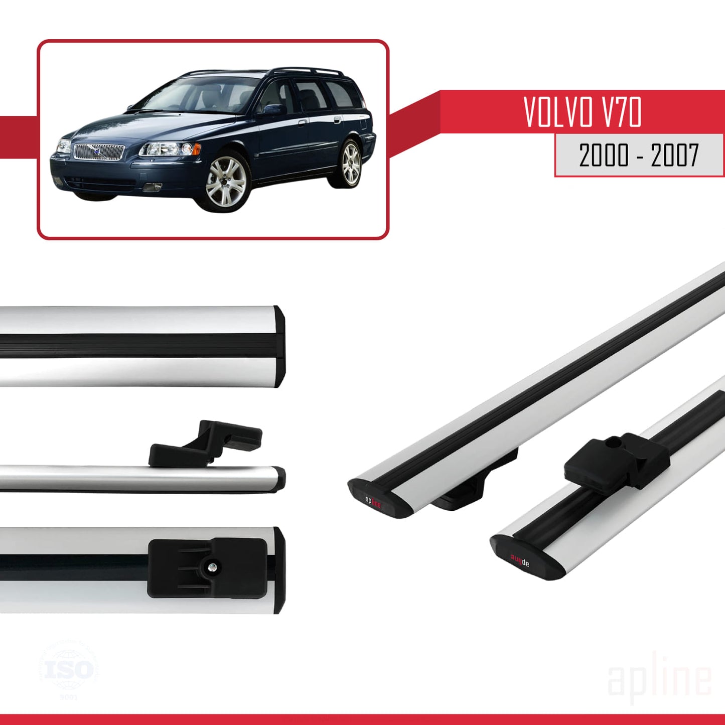 Compatible with Volvo V70 2000-2007 BASIC Model Car Roof Rack Cross Bar Grey Aluminium 3 Bars