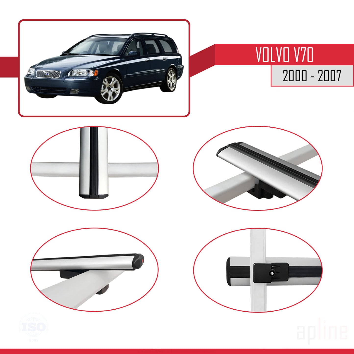 Compatible with Volvo V70 2000-2007 BASIC Model Car Roof Rack Cross Bar Grey Aluminium 3 Bars
