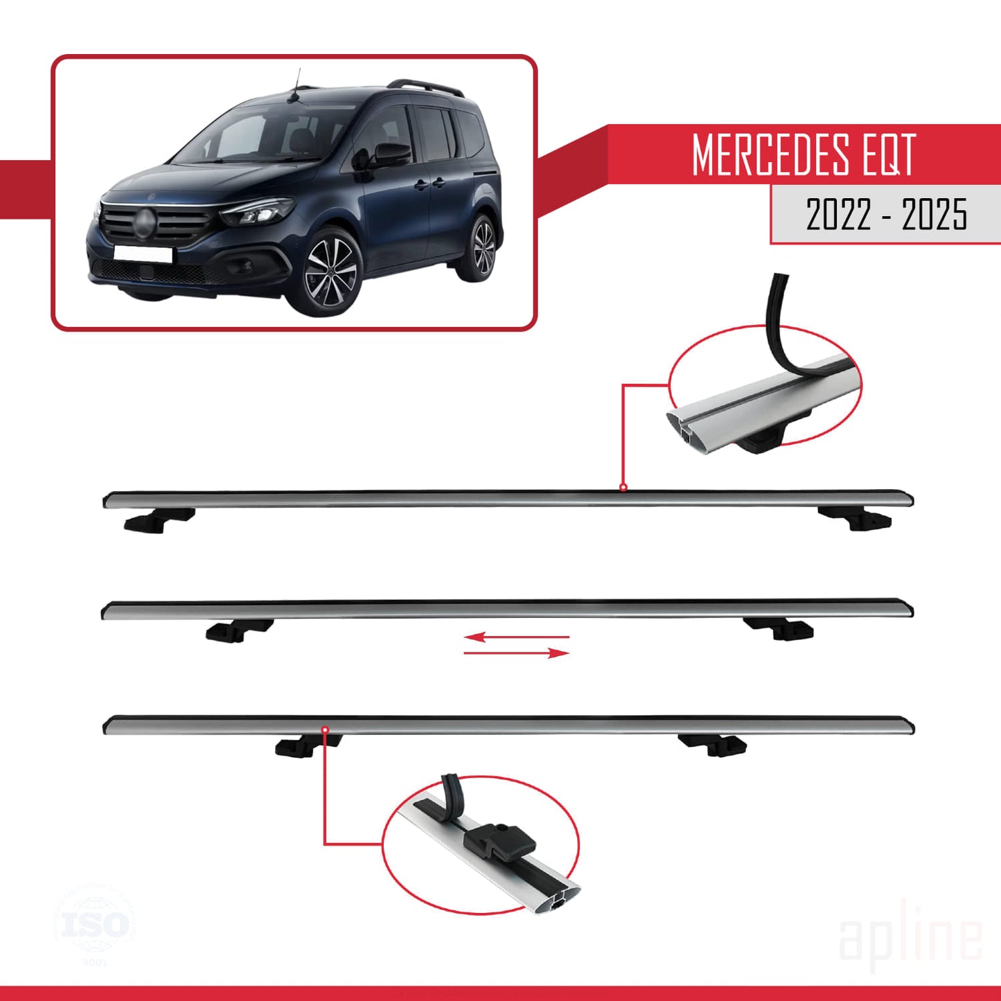Compatible with Mercedes EQT / Citan W420 2022-2025 BASIC Model Car Roof Rack Cross Bar Grey Aluminium 3 Bars