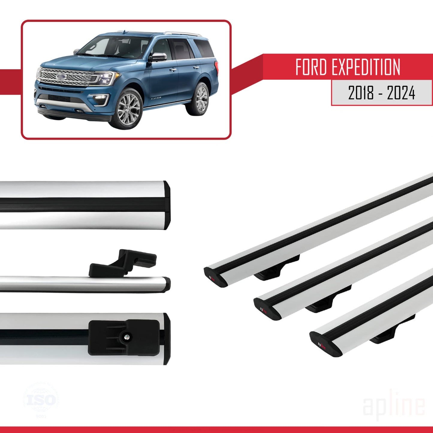 Compatible with Ford Expedition 2018-2024 BASIC Model Car Roof Rack Cross Bar Grey Aluminium 3 Bars