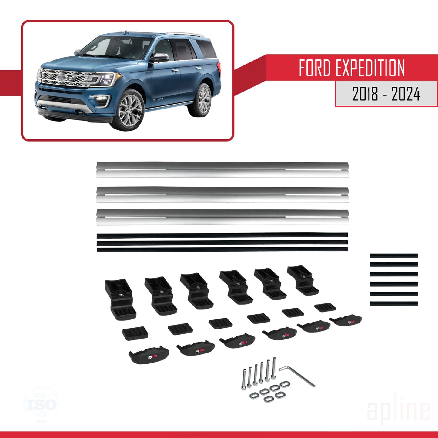 Compatible with Ford Expedition 2018-2024 BASIC Model Car Roof Rack Cross Bar Grey Aluminium 3 Bars