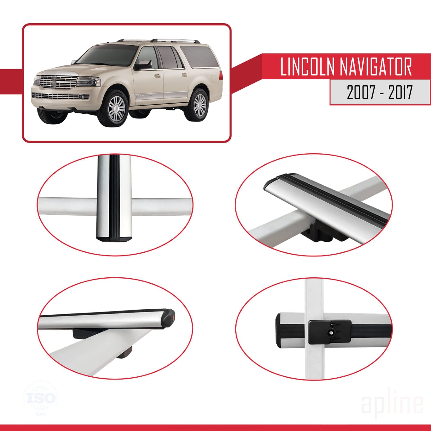 Compatible avec Lincoln Navigator 2007-2017 BASIC Model Barres de Toit Railing Porte-Bagages de Voiture Gris Aluminium 3 Barres
