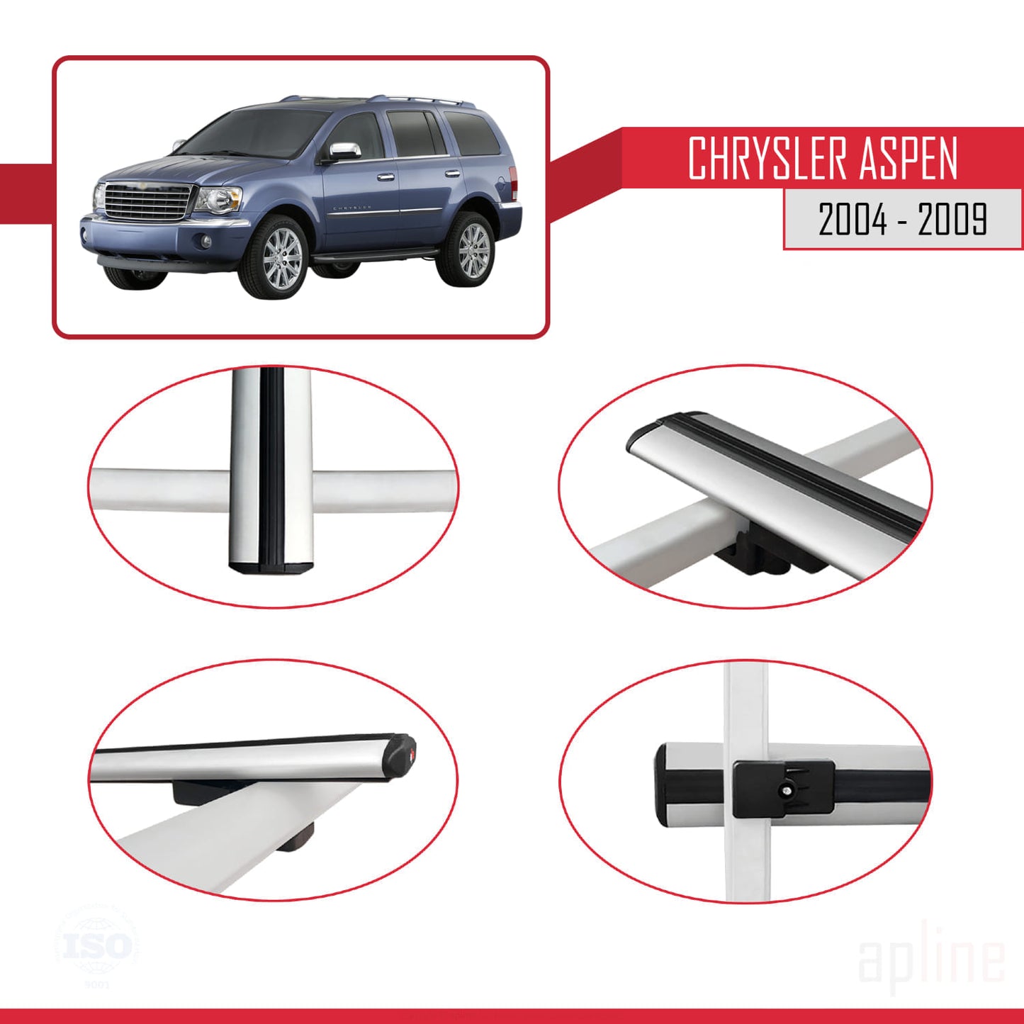 Compatible with Chrysler Aspen 2004-2009 BASIC Model Car Roof Rack Cross Bar Grey Aluminium 2 Bars
