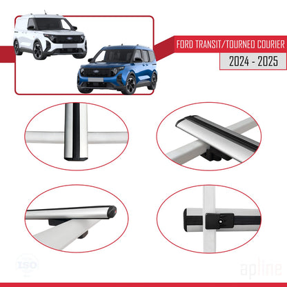 Compatible avec Ford Transit/Tourneo Courier 2024-2025 BASIC Model Barres de Toit Railing Porte-Bagages de Voiture Gris Aluminium 2 Barres