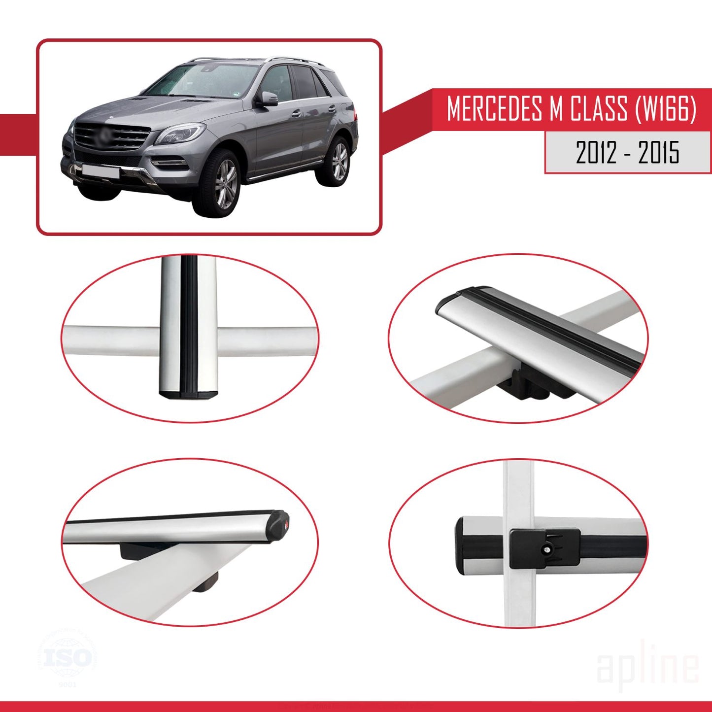 Compatible avec Mercedes M Class 3 (W166) Pre-Facelift 2012-2015 BASIC Model Barres de Toit Railing Porte-Bagages de Voiture Gris Aluminium 2 Barres