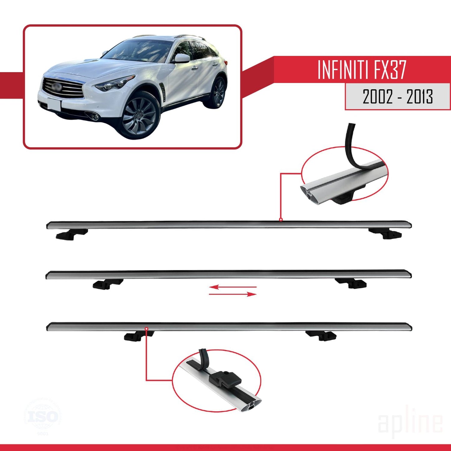 Compatible avec Infiniti FX37 2002-2013 BASIC Model Barres de Toit Railing Porte-Bagages de Voiture Gris Aluminium 3 Barres
