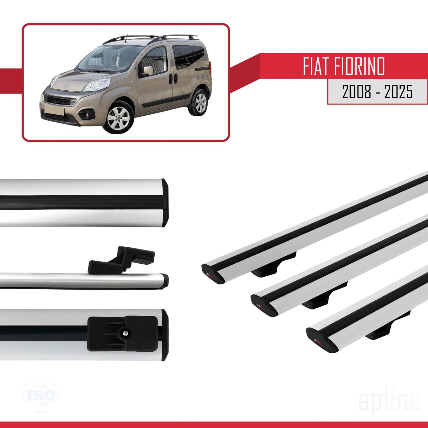 Kompatibel mit Fiat Fiorino (Rohrrahmenmodell) 2008-2025 Basismodell Dachgepäckträger, graues Aluminium, 3 Querträger