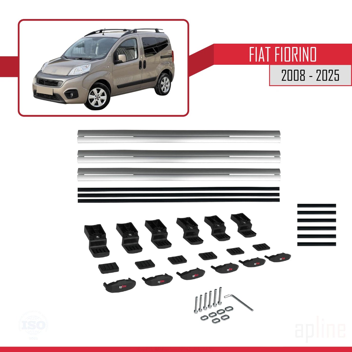 Kompatibel mit Fiat Fiorino (Rohrrahmenmodell) 2008-2025 Basismodell Dachgepäckträger, graues Aluminium, 3 Querträger