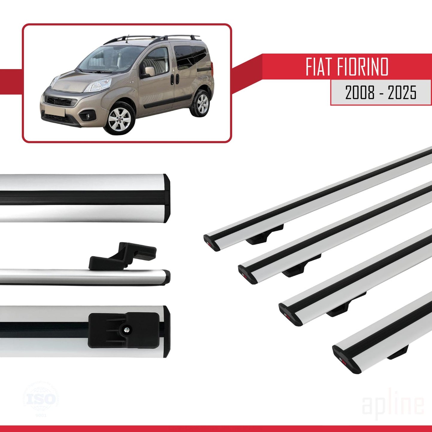 Kompatibel mit Fiat Fiorino (Rohrrahmenmodell) 2008-2025 Basismodell Dachgepäckträger, graues Aluminium, 4 Stangen