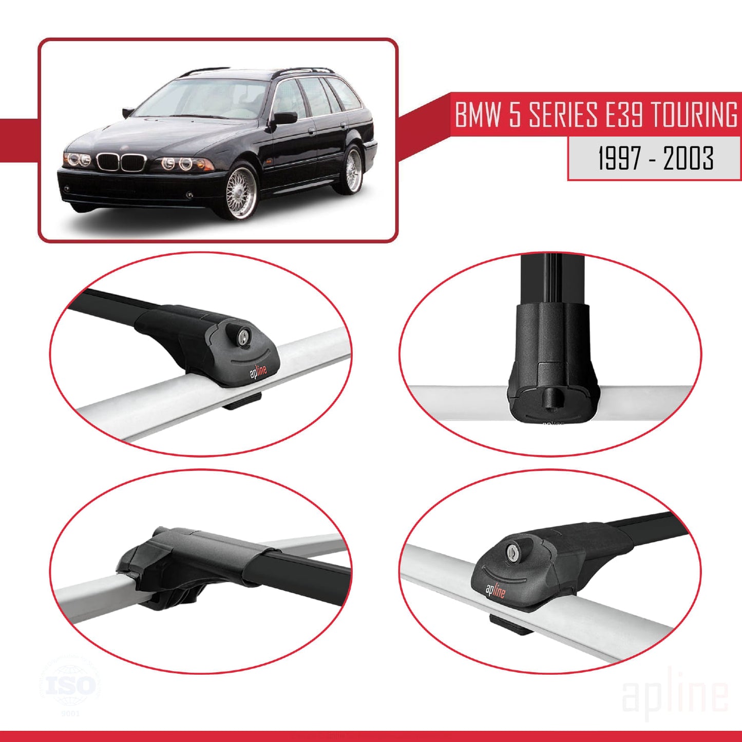 Kompatibel mit BMW 5er (E39) Touring 1997-2003 ACE-1 Dachgepäckträger, schwarzes Aluminium, 3 Querträger