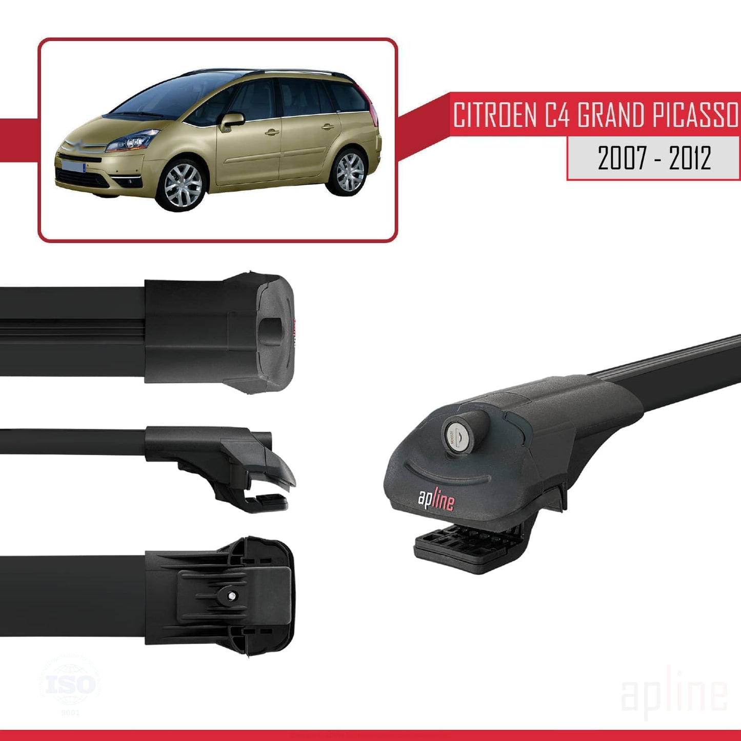 Compatible avec Citroen Grand C4 Picasso 2007-2012 ACE-1 Barres de Toit Railing Porte-Bagages de Voiture Noir Aluminium 2 Barres