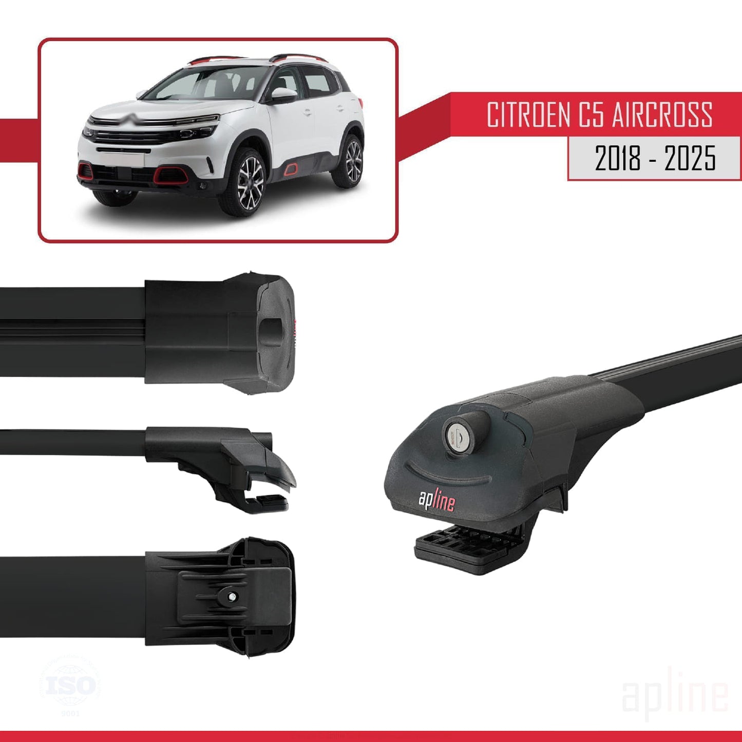 Kompatibel mit Citroen C5 Aircross 2018-2025 ACE-1 Dachgepäckträger, Reling, Gepäckträger, schwarzes Aluminium, 3 Stangen