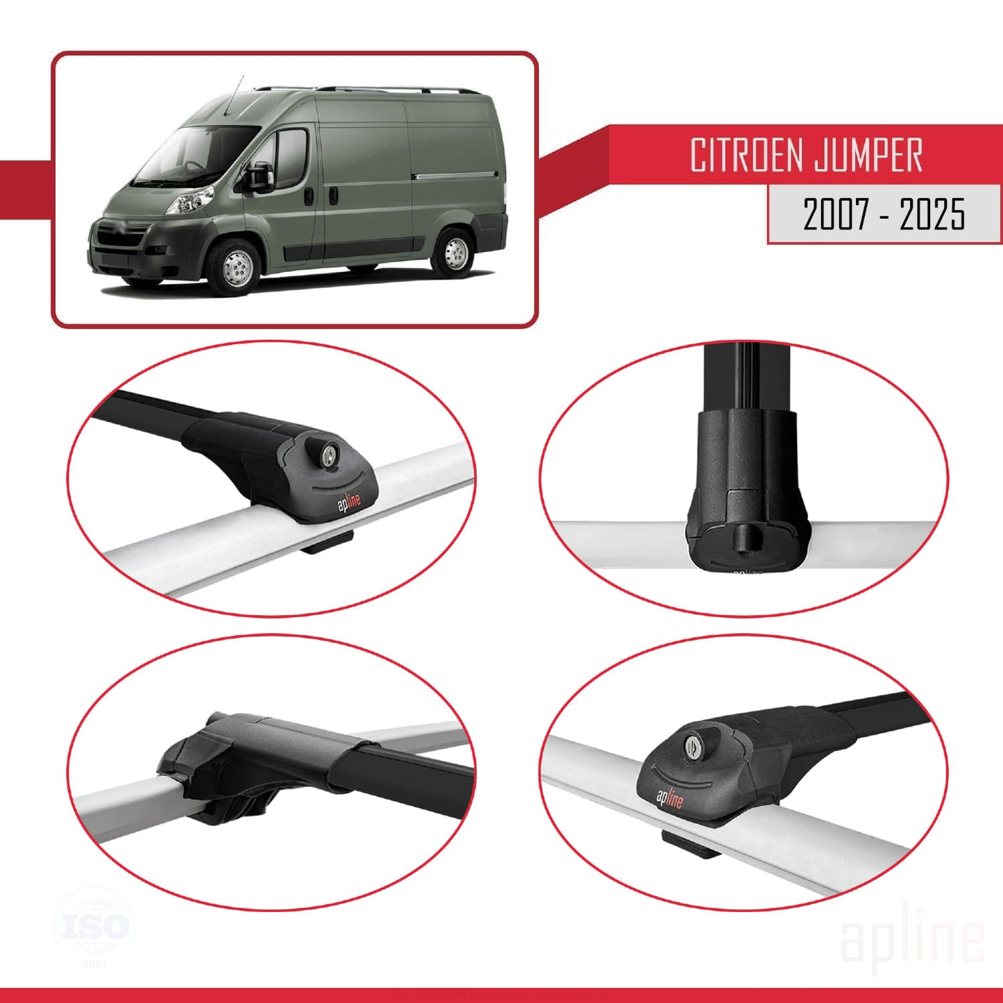 Kompatibel mit Citroen Jumper 2 2007-2025 ACE-1 Dachgepäckträger, Reling, Gepäckträger, schwarzes Aluminium, 4 Stangen