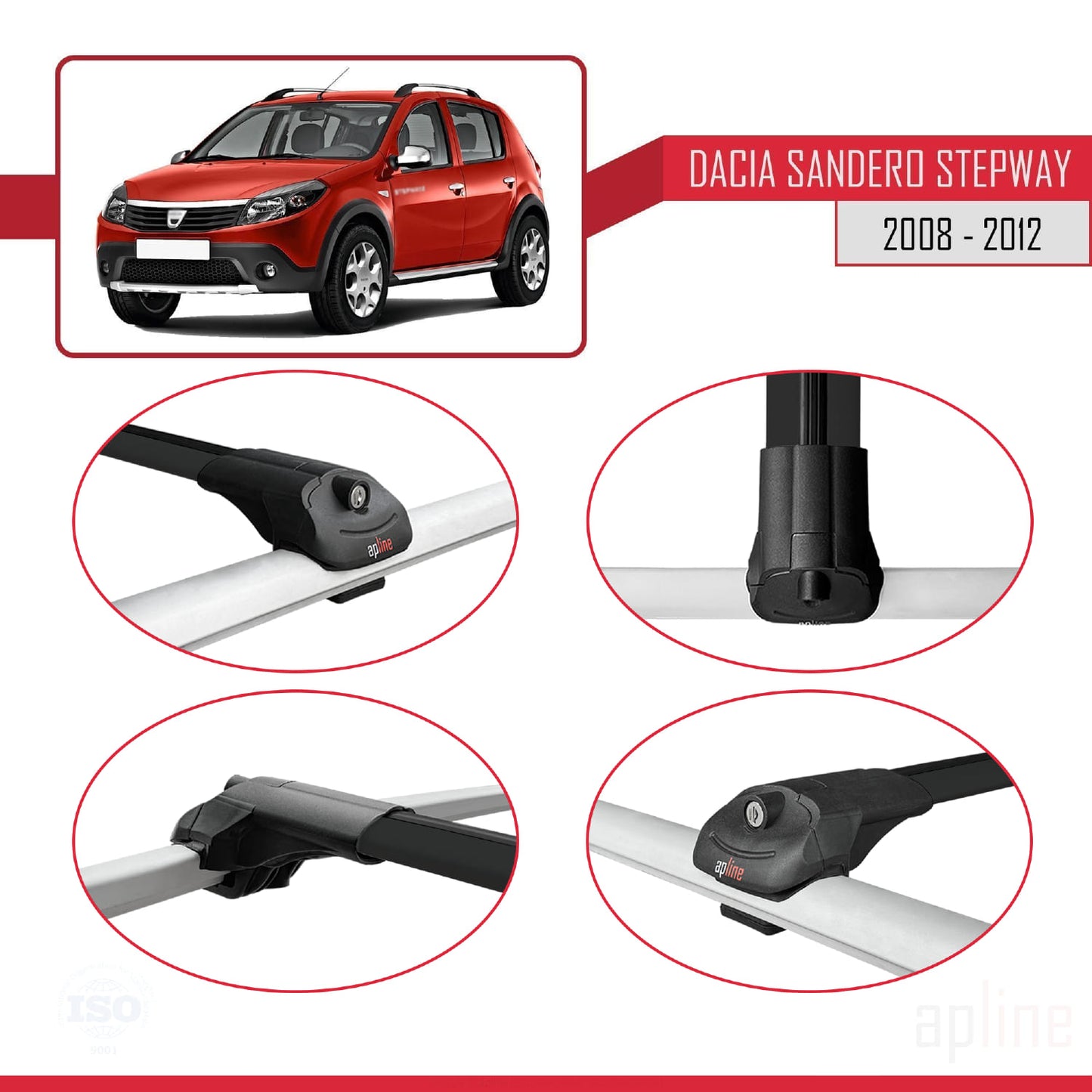 Kompatibel mit Dacia Sandero Stepway 2008-2012 ACE-1 Dachgepäckträger, Reling, Gepäckträger, schwarzes Aluminium, 3 Stangen