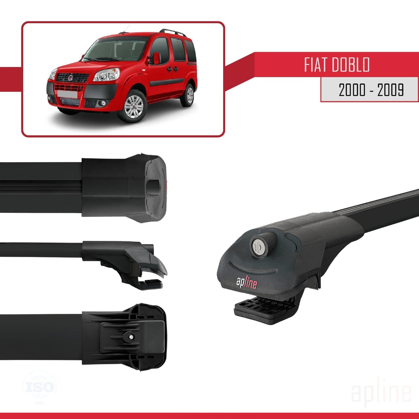 Kompatibel mit Fiat Doblo 2000-2009 ACE-1 Dachgepäckträger, Reling, Gepäckträger, schwarzes Aluminium, 3 Stangen