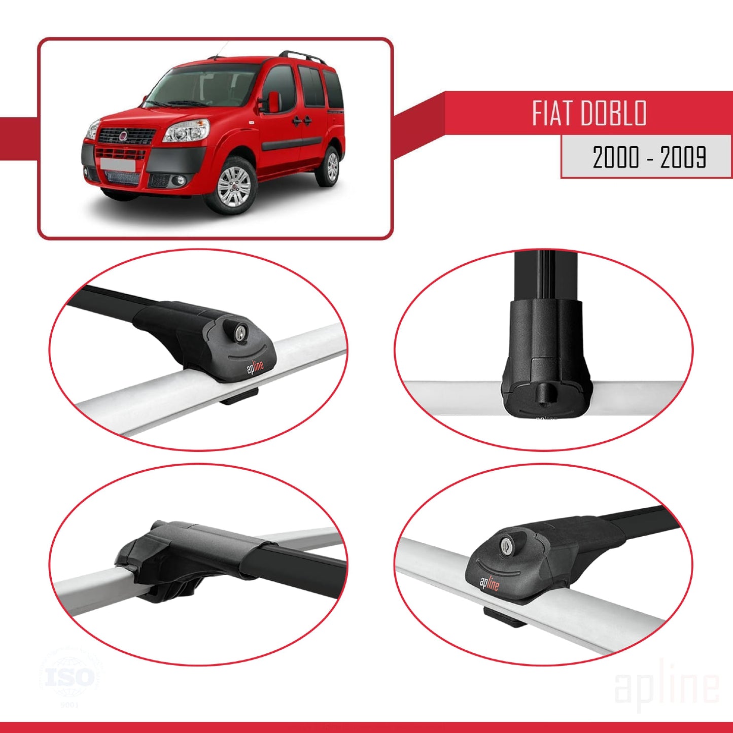 Kompatibel mit Fiat Doblo 2000-2009 ACE-1 Dachgepäckträger, Reling, Gepäckträger, schwarzes Aluminium, 2 Stangen