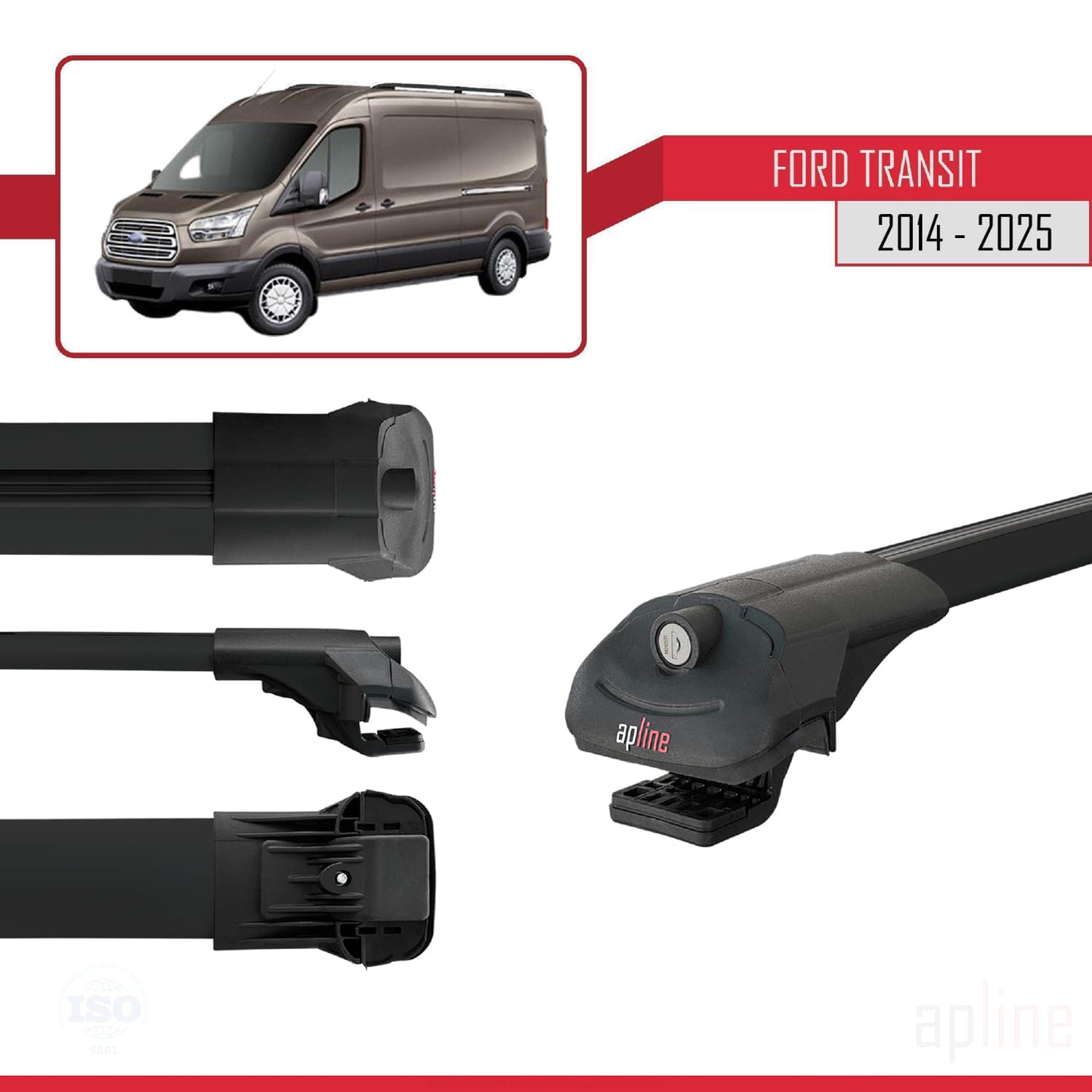 Kompatibel mit Ford Transit 2014-2025 ACE-1 Dachgepäckträger, Reling, Gepäckträger, schwarzes Aluminium, 4 Stangen